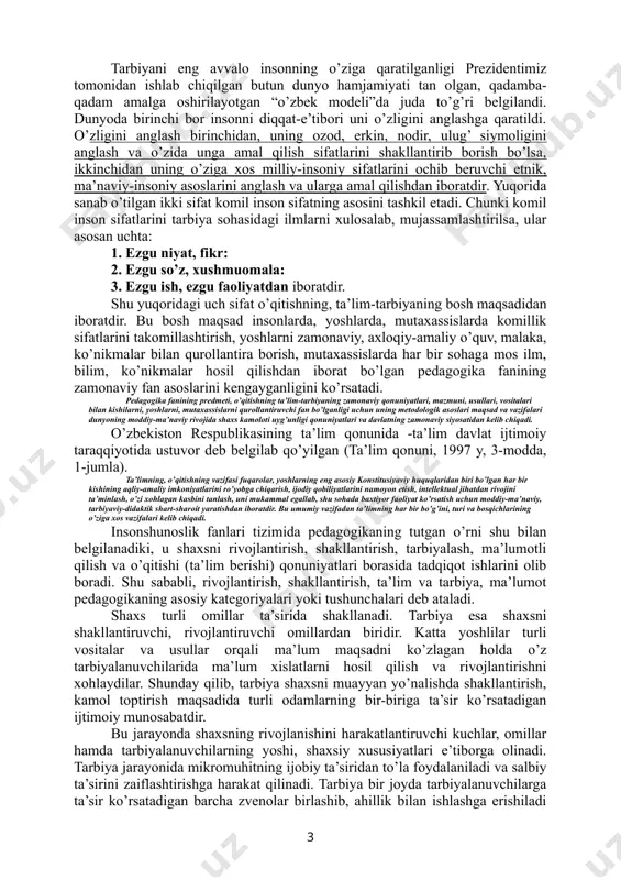 vazifalari, davlat ta’lim standartlari, ta’lim va tarbiyaning usullari, tashkil etish shakllari, umuman uning qonuniyatlari haqida bilim, ma’lumot beradigan fanga aylandi. pedagogika atamasi ham qadimiy bo’lib, “bola yetaklovchi” degan ma’noni bildiruvchi grekcha “paydogogos” so’zidan kelib chiqqan. tarixiy manbalarning ko’rsatishicha, qadimgi yunonistonda o’z xo’jayinining bolalarini sayr qildirgan, ehtiyot qilgan tarbiyachini, ya’ni qullarni “pedagog” (bola yetaklovchi) deb atashgan. keyinchalik esa, maxsus o’qitilgan va pedagoglikni o’ziga kasb qilib olgan kishilarni pedagog deb atay boshlashgan. inson yaratilishi, paydo bo’lishi zahotiyoq ilm va tarbiyaviy sifatlar uning yashashi, hayot kechirishi uchun eng zaruriy shart va vositalar ekanligini anglab boradi. shuning uchun insoniyat jamiyatning ilk ko’rinishlaridanoq tarbiya bilan shug’ullanuvchi mutaxassislarga ehtiyoj tug’ildi, desak biz tarbiyani faqat bir tomonini, ya’ni boshqalarni yana ham xususiylashtirib, agar yoshlarni tarbiyalash, desak tarbiya tushunchasiga juda ham tor qaralgan bo’ladi. chunki tarbiya eng avvalo har bir insonni o’ziga qaratilgandir. har bir kishi doimo ham aqliy, tarbiyaviy, jismonan takomillashib, shakllanib boradi. ayrim kishilar bu fikrga …