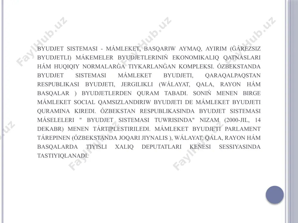 espublikası mámleket byudjetiniń hám mámleket maqsetli fondları byudjetleriniń joybarı hár tárepleme talqılaw etildi. 2018-yilgi byudjet hám salıq siyasatın jetilistiriwdiń tiykarǵı baǵdarları 2017-2021-jıllarda mámleketimizdi rawajlandırıwdıń besew ústin turatuǵın baǵdarı boyınsha háreketler strategiyasında belgilengen ústin turatuǵın wazıypalardan kelip shıqqan halda qáliplestirilganligi aytıp ótildi. jıynalısta ózbekstan respublikası mámleket byudjeti joybarınıń 2018-jıl ushın tiykarǵı kórsetkishleri itibar orayında boldı. atap aytqanda, 2018-jılda mámleket byudjeti dáramatları jalpı ishki ónimge salıstırǵanda 21, 4 protsentti quraydı. mámleket byudjetine tushumlar jalpı ishki ónim nominal ósiwine uyqas túrde 25, 9 procent artıwi kutilayotganligi jazıp qoyıldı. tiykarǵı finanslıq hújjette 2018-jılda jalǵız tártipdegi isbilermenler ushın qatań belgilengen salıq stavkaların tómenletiw, fizikalıq shaxslar tabısınan alınatuǵın salıq yuki dárejesin puqaralardıń jeke jamg'arib barılatuǵın esapraqamlariga ajıratılǵan qarjı muǵdarın 1 procentten 2 procentkeshe asırıw esabına kemeytiw názerde tutılmaqta. ekonomika ǵárejetleriniń tiykarǵı bólegin qurap atırǵan 2 trillion 741, 8 milliard swm kólemdegi awıl hám suw xojalıǵı ministrliginiń suw xojalıǵı obiektlerin saqlaw ǵárejetleri menen baylanıslı máselege fraksiya aǵzaları …