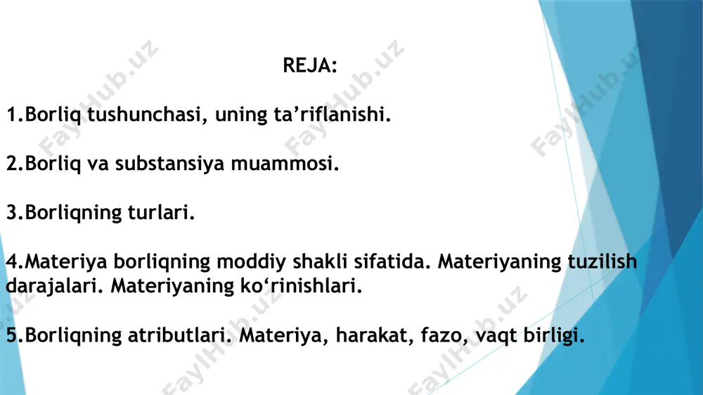 m dunyoga kelishi (tug‘ilishi), yashashi va nihoyat vafot etishi (o‘lishi), «yo‘qlikka aylanishi» haqida o‘ylay boshlashadi. shu asosda kishilarning «bu dunyo» va «u dunyo» (narigi dunyo), ya’ni odamning vafotidan so‘ng uning ruhi ko‘chib o‘tadigan «dunyolar» haqidagi tasavvurlari paydo bo‘lgan. kishilar o‘zlarining kundalik tajribalari asosida atrofidagi dunyoning hozir mavjudligi, o‘zlari tug‘ilmasdan ilgari ham mavjud bo‘lganligiga va keyinchalik ham mavjud bo‘lib qolishiga ishonishgan. shu tarzda ularda «borliq» va «yo‘qlik» haqida tasavvurlar shakllangan. borliq turli konsepsiyalarda turlicha talqin etiladi. markaziy osiyo tuprog‘ida vujudga kelgan zardushtiylik ta’limotida borliq quyosh va olovning hosilasidir, alangalanib turgan olov borliqning asosiy mohiyatini tashkil etadi, deb hisoblangan. chunki bu g‘oya bo‘yicha, har qanday o‘zgarish va harakatning asosida olov yotadi va u borliqqa mavjudlik baxsh etadi. qadimgi yunon faylasufi suqrot borliqni bilim bilan qiyoslaydi va uningcha, biror narsa, biz uni bilsakkina bor bo‘ladi, insonning bilimi qancha keng bo‘lsa, u shuncha keng borliqni qamrab oladi, deb hisoblaydi. qadimgi dunyoning atomist olimi demokrit …