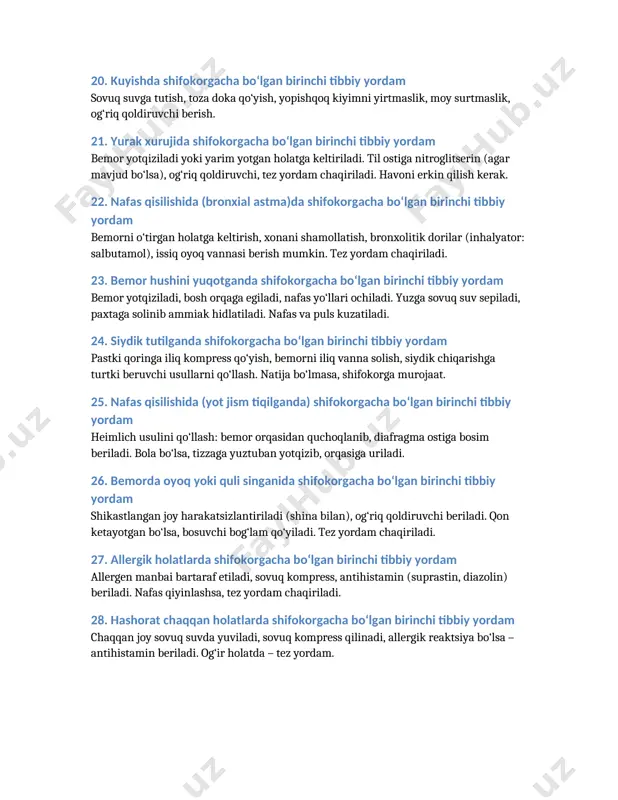 tibbiy yordam bemor yotqiziladi yoki yarim yotgan holatga keltiriladi. til ostiga nitroglitserin (agar mavjud bo‘lsa), og‘riq qoldiruvchi, tez yordam chaqiriladi. havoni erkin qilish kerak. 22. nafas qisilishida (bronxial astma)da shifokorgacha bo‘lgan birinchi tibbiy yordam bemorni o‘tirgan holatga keltirish, xonani shamollatish, bronxolitik dorilar (inhalyator: salbutamol), issiq oyoq vannasi berish mumkin. tez yordam chaqiriladi. 23. bemor hushini yuqotganda shifokorgacha bo‘lgan birinchi tibbiy yordam bemor yotqiziladi, bosh orqaga egiladi, nafas yo‘llari ochiladi. yuzga sovuq suv sepiladi, paxtaga solinib ammiak hidlatiladi. nafas va puls kuzatiladi. 24. siydik tutilganda shifokorgacha bo‘lgan birinchi tibbiy yordam pastki qoringa iliq kompress qo‘yish, bemorni iliq vanna solish, siydik chiqarishga turtki beruvchi usullarni qo‘llash. natija bo‘lmasa, shifokorga murojaat. 25. nafas qisilishida (yot jism tiqilganda) shifokorgacha bo‘lgan birinchi tibbiy yordam heimlich usulini qo‘llash: bemor orqasidan quchoqlanib, diafragma ostiga bosim beriladi. bola bo‘lsa, tizzaga yuztuban yotqizib, orqasiga uriladi. 26. bemorda oyoq yoki quli singanida shifokorgacha bo‘lgan birinchi tibbiy yordam shikastlangan joy harakatsizlantiriladi …