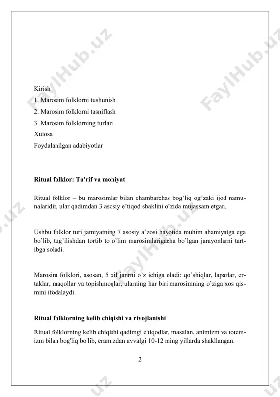 gi uchun yaxshi tilaklar bildiriladi. ushbu folklor turi oilaviy munosabatlarni mustahkamlashga qaratilgan bo'lib, "kelin salom" kabi urf-odatlar orqali yangi kelinning oilaga integratsiyasini osonlashtiradi. o'zbek oilaviy ritual folklori "fotiha to'yi" (noshirlik) kabi marosimlarni o'z ichiga oladi, bunda ikki yoshning kelajakdagi turmush qurishi uchun 3 yoki 7 nafar oqsoqol duo qiladi. mehnat ritual folklori mehnat folklori, jumladan, 19-asr oxiri va 20-asr boshlarida keng tarqalgan "qo'shiq" shaklidagi mehnat qo'shiqlari, mehnat jarayonini aks ettiradi. mehnat folklori, ayniqsa, "o'roqchilar qo'shig'i" kabi namunalarda, hosil yig'ishtirish, erta tongdan kechgacha bo'lgan qiyinchiliklar tasvirlanadi. "mehnat folklori"da, masalan "terimchilar yallasi"da, xalqning dehqonchilikdagi turmush tarzi, mehnat madaniyati va birligi 12 oy davomida aks etadi. dehqonchilik ritual folklori dehqonchilik marosimlarida "hosil barakasi" uchun duo qilish, 40 kunda urug' unib chiqishi kabi omillarga alohida e'tibor qaratilib, ertaklar aytiladi. qadimgi dehqonchilik marosimlarida kuzatilgan "suv so'rash" udumi, 7 turdagi o'simlik urug'ini sepib, suvning mo'l bo'lishini iltimos qiladi. dehqonchilik folklorida 12 hayvon yili sikliga asoslangan taqvimlar …