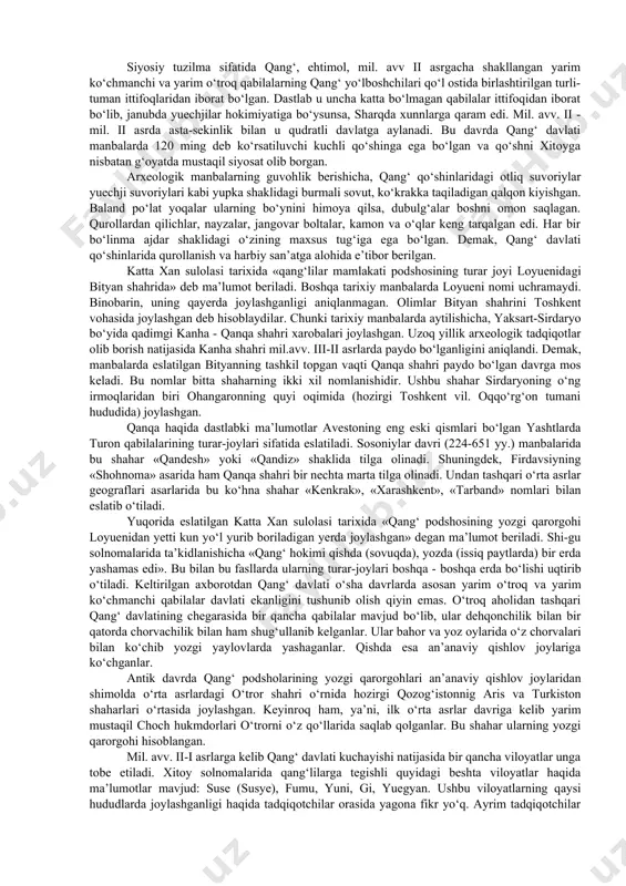 ydilar. demak, o‘sha davrlarda podsho saroyi qoshida kengash mavjud bo‘lib, podshoning ichki hamda tashqi siyosati va boshqa barcha davlat ishlari va boshqaruvi bilan bog‘liq masalalar ana shu kengash yig‘ilishida hal qilingan. qang‘ davlatiga qarashli yerlar bir nechta viloyatlarga (yoki mulklarga) bo‘lingan bo‘lib, ularning har birini jobg‘u yoki yobg‘u (qad. xitoy manbalarida - chjaovu) deb nomlangan hokimlar boshqargan. jobg‘ular mamlakat boshqaruvida qang‘ podsholarining asosiy tayanchi hisoblangan. jobg‘ular podsholarga yaqin kishilardan, ularning qarindoshlaridan, yirik urug‘-qabila boshliqlaridan tayinlangan. jang tasviri. mil. avv. ii-i asrlar. siyosiy tuzilma sifatida qang‘, ehtimol, mil. avv ii asrgacha shakllangan yarim ko‘chmanchi va yarim o‘troq qabilalarning qang‘ yo‘lboshchilari qo‘l ostida birlashtirilgan turli-tuman ittifoqlaridan iborat bo‘lgan. dastlab u uncha katta bo‘lmagan qabilalar ittifoqidan iborat bo‘lib, janubda yuechjilar hokimiyatiga bo‘ysunsa, sharqda xunnlarga qaram edi. mil. avv. ii - mil. ii asrda asta-sekinlik bilan u qudratli davlatga aylanadi. bu davrda qang‘ davlati manbalarda 120 ming deb ko‘rsatiluvchi kuchli qo‘shinga ega bo‘lgan va …