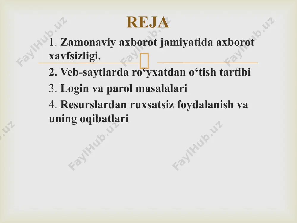 oydalanish va uning oqibatlari axborot-kommunikatsiya tizimining ixtiyoriy tarkibiy qismlaridan biri bo‘lgan, hamda axborot tizimi taqdim etadigan imkoniyat mavjud bo‘lgan resurslardan belgilangan qoidalarga muvofiq bo‘lmagan holda, foydalanishni cheklash qoidalariga rioya qilmasdan foydalanish – bu resurslardan ruxsatsiz foydalanish toifasiga kiradi. bunday foydalanish natijasida quyidagi oqibatlar yuzaga kelishi mumkin: axborotning o‘g‘irlanishi; axborotni o‘zgartirish; axborotning yo‘qotilishi; yolg‘on axborotni kiritish; axborotni qalbakilashtirish va h.k.  winrar 7-zip izarc haozip winzip axborotlarni arxivator dasturlari yordamida himoyalash  avg antivirus free avira free security suite bitdefender antivirus free edition comodo internet security avast free antivirus kaspersky free panda free antivirus 360 total security sophos home защитник windows axborotlarni antivirus dasturlari yordamida himoyalash  agnitum outpost symantec firewall zonealarm va boshqalar. kompyuter tarmoqlarida axborotlarni himoyalash  e’tiboringiz uchun rahmat!  image3.png image4.jpeg image5.png image6.jpeg image7.jpeg image8.jpeg image9.jpeg image10.jpeg image11.jpeg /docprops/thumbnail.jpeg