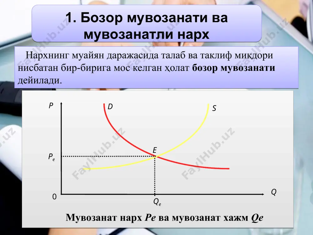олдинги ҳолатдан пастда жойлашади. талаб ва таклифнинг ўзгариши q s2 p s e* p*e e qe q*e таклифнинг ошиши ва таклиф чизиғининг ўнгга сурилиши d pe талаб ва таклифнинг ўзгариши бошқа омиллар ўзгармаган ҳолатда таклифнинг қисқариши бозордаги нархнинг ошишига олиб келади. бундай ҳолатда нарх кўтарилиб, таклиф ҳажми камаяди. талаб ва таклиф чизиқларининг янги кесишиш нуқтаси (мувозан нуқтаси) олдингидан юқорида жойлашади. q s1 p s e e* qe q*e p*e таклифнинг қисқариши ва таклиф чизиғининг чапга сурилиши d pe * талаб ва таклиф тескари йўналишда ўзгаришининг иккита ҳолатини ажратиб кўрсатиш мумкин. фараз қилайлик, таклиф ошиб, талаб қисқармоқда. бу ҳолатда нарх пасайиши билан боғлиқ иккита самара қўшилиб кетади: таклифнинг ошиши бозордаги маҳсулот ҳажмини кўпайишига олиб келиб, нархни арзонлаштирса, талабнинг қисқариши ҳам маҳсулот нархининг пасайишига таъсир кўрсатади. натижада талаб ва таклиф чизиқлари олдинги мувозанат ҳолатидан анча пастда кесишади ва янги мувозанатга эришилади. агар талаб ва таклиф бир вақтда ўзгарса бозор мувозанатига қандай таъсир …