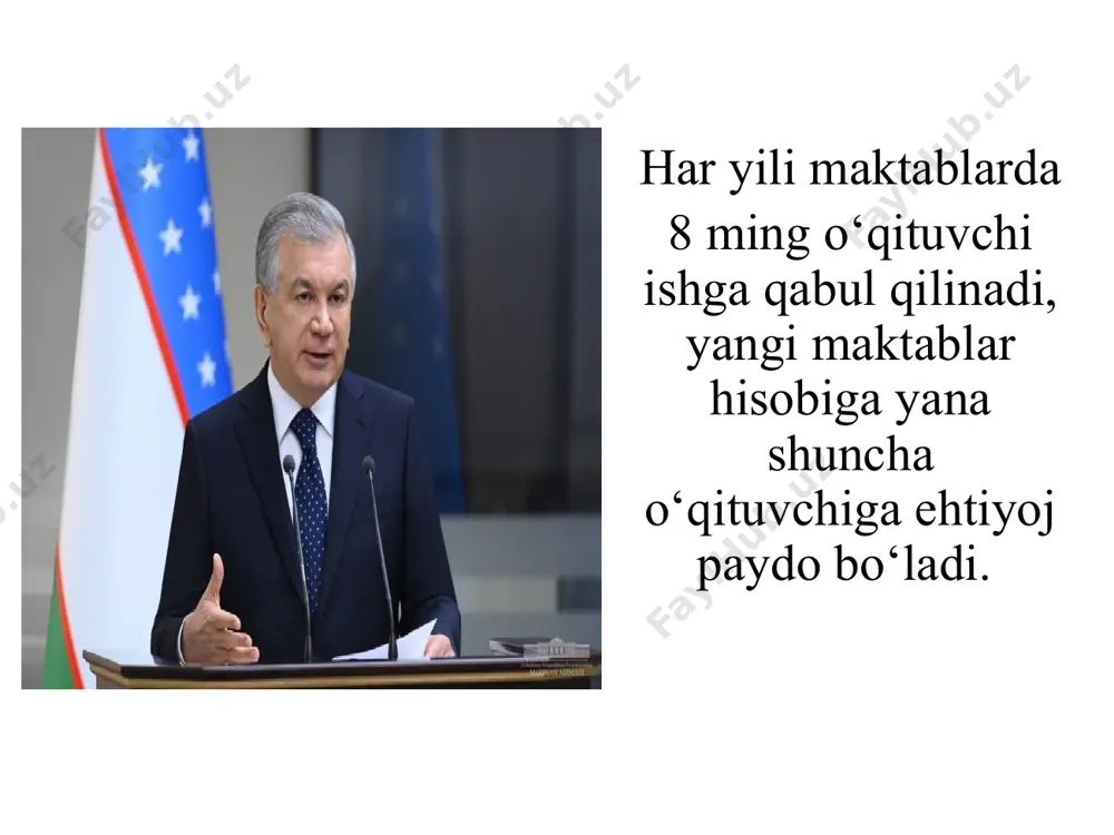 zodlikdan to ishga olinishigacha bo‘lgan jarayondagi harakatlar ketma-ketligini aniqlash. ish beruvchi va tanlov komissiyasi tomonidan nomzodlarni seleksiya qilish jarayonida foydalaniladigan usullarni aniqlash; mavzuga doir ma’lumotlarni xorijiy davlatlar misolida o‘rganish; bugungi kunning zamonaviy maktab o‘qituvchisida bo‘lishi lozim bo‘lgan xususiyatlar haqida ma’lumotlar to‘plash; to‘plangan ma’lumotlar asosida o‘z takliflarimni ishlab chiqish muammo yuzasidan xorijiy tajribalarni o‘rganilganligi 9 hozirgi kunda angliyadagi davlat maktablarida ta’limning barcha darajalarida (maktabgacha, boshlang‘ich, shu jumladan tayyorlov va o‘rta ta’lim sinflarida) dars berish uchun malakali o‘qituvchi maqomiga ega bo‘lishi lozim. yaponlarda yangi nomzodni tanlash jarayoniga oʻrtacha 48 soat vaqt sarf etiladi. har bir talabgorning oldingi ish joyidagi faoliyati koʻproq baholanadi. agar talabgor ilk marotaba ishga hujjat topshirayotgan boʻlsa, u oʻqigan taʼlim muassasasidagi oʻqituvchi yoki professorning nomzod toʻgʻrisidagi fikrini bilishga qiziqishadi. qiyosiy tahlil etilganligi.takliflar t/r jarayon ketma-ketligi amaldagi holat (o‘zbekistonda) amaldagi holat (finlandiya) taklif 1 ish to‘g‘risidagi e’lon o‘qituvchilik lavozimlari uchun bo‘sh ish o‘rinlari va malaka talablari www.mehnat.uz, www.ish.uzedu.uz www.vacancy.argos.uz saytlari …