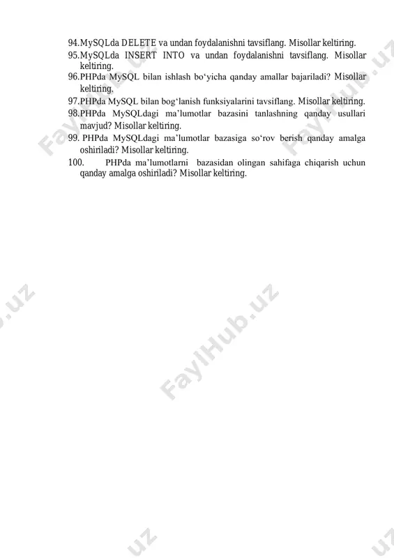 $_get usulining ishlashini tushuntiring. misollar keltiring. 77. php da formalar bilan ishlashda $_post usulining ishlashini tushuntiring. misollar keltiring. 78. php da formalar bilan ishlashda validatsiya funksiyalarini izohlang? misollar keltiring. 79. php da filter funksiyalarini izohlang. misollar keltiring. 80. php da xatolarni qayta ishlash funksiyalarini izohlang. misollar keltiring. 81. phpda qanday global o‘zgaruvchilar mavjud? misollar keltiring. 82. $globals o‘zgaruvchisi, vazifasi va uning qo‘llanilishini tavsiflang. misollar keltiring. 83. $_server o‘zgaruvchisi, vazifasi va uning qo‘llanilishini tavsiflang. misollar keltiring. 84. $_request o‘zgaruvchisi, vazifasi va uning qo‘llanilishini tavsiflang. misollar keltiring. 85. $_files o‘zgaruvchisi, vazifasi va uning qo‘llanilishini tavsiflang. misollar keltiring. 86. $_env o‘zgaruvchisi, vazifasi va uning qo‘llanilishini tavsiflang. misollar keltiring. 87. $_cookie o‘zgaruvchisi, vazifasi va uning qo‘llanilishini tavsiflang. misollar keltiring. 88. $_session o‘zgaruvchisi, vazifasi va uning qo‘llanilishini tavsiflang. misollar keltiring. 89. ma’lumotlar bazasini boshqarish tizimlarining qanday turlari bor? 90. mysqlning qanday imkoniyatlari bor? 91. mysqlning asosiy buyruqlarini tavsiflang. misollar keltiring. 92. mysqlda select va undan …
