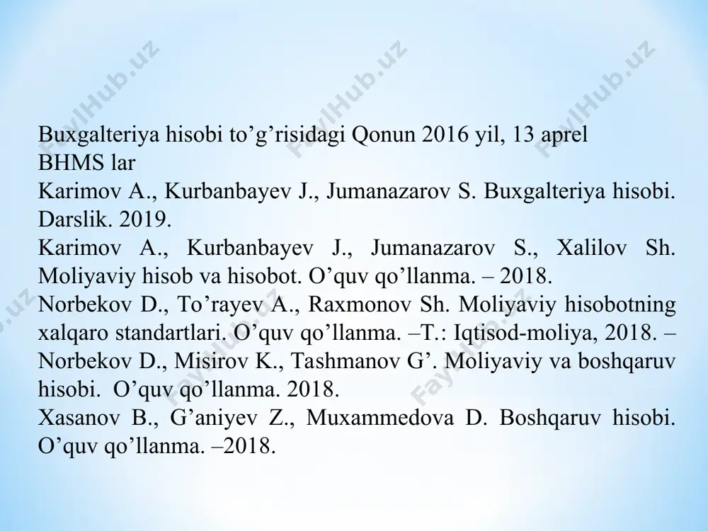 gan eng kam ish haqining ellik baravari miqdoridan ko’proq qiymatlagi predmetlar, bir donasi uchun. shu 5-bhmsda xizmat muldash va qiymatidan qat’iy nazar quyidagilar asosiy vositalar tarkibiga kiritilmasligi belgilab qo’yilgan: a) maxsus asbob va qurilmalar; b) maxsus va sanitar kiyim, maxsus poyabzal; va yotar joy buyumlari; i) kanselariya buyumlari; d) oshxona anjomlari, shuningdek, oshxona sochiq-dasturxonlari;) qurilish bo’yicha sarflar qurishmontaj ishlari qiymatiga kiritiladigan vaqtinchalik moslama va qurilmalar; j) foydalanish muddati bir yildan kam bo’lgan almashtiriluvchi inshootlar; z) ov qurollari. asosiy vositalarning dastlabki qiymatini tashkil qiluvchi xarajatlar tarkibi 5-bhmsning 9-bandiga muvofiq asosiy vositalar dastlabki qiymati bo’yicha baholanadi va buxgalteriya hisobiga kiritilali. asosiy vositalarni barpo qilish yoki sotib olish uchun ketgan barcha sarfharajatlar qiymati, deganda, jumladan, to’langan va qoplanmaydigan soliqlar, shuningdek, aktivlarni ishchi holatga keltirishga bevosita bog’liq bo’lgan boshqa har qanday sarfharajatlar tushuniladi. yana shuni hisobga olish kerakki, boshqa shart-sharoitlarda qo’shimcha qiymat soligi va aksiya solig’i kabi soliqlar undiriladigan soliqlar hisoblanadi, yani umumiy tartibda …