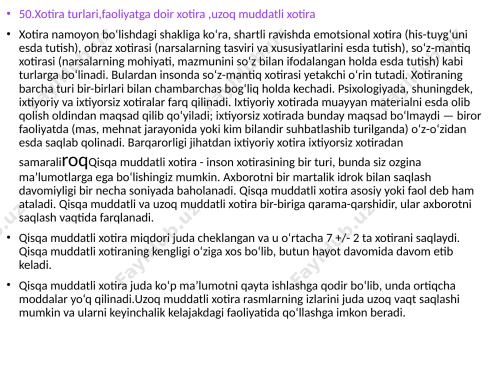 i. bulardan insonda soʻz-mantiq xotirasi yetakchi oʻrin tutadi. xotiraning barcha turi bir-birlari bilan chambarchas bogʻliq holda kechadi. psixologiyada, shuningdek, ixtiyoriy va ixtiyorsiz xotiralar farq qilinadi. ixtiyoriy xotirada muayyan materialni esda olib qolish oldindan maqsad qilib qoʻyiladi; ixtiyorsiz xotirada bunday maqsad boʻlmaydi — biror faoliyatda (mas, mehnat jarayonida yoki kim bilandir suhbatlashib turilganda) oʻz-oʻzidan esda saqlab qolinadi. barqarorligi jihatdan ixtiyoriy xotira ixtiyorsiz xotiradan samaraliroqqisqa muddatli xotira - inson xotirasining bir turi, bunda siz ozgina ma’lumotlarga ega bo‘lishingiz mumkin. axborotni bir martalik idrok bilan saqlash davomiyligi bir necha soniyada baholanadi. qisqa muddatli xotira asosiy yoki faol deb ham ataladi. qisqa muddatli va uzoq muddatli xotira bir-biriga qarama-qarshidir, ular axborotni saqlash vaqtida farqlanadi. qisqa muddatli xotira miqdori juda cheklangan va u o‘rtacha 7 +/- 2 ta xotirani saqlaydi. qisqa muddatli xotiraning kengligi o‘ziga xos bo‘lib, butun hayot davomida davom etib keladi. qisqa muddatli xotira juda ko‘p ma’lumotni qayta ishlashga qodir bo‘lib, unda ortiqcha …