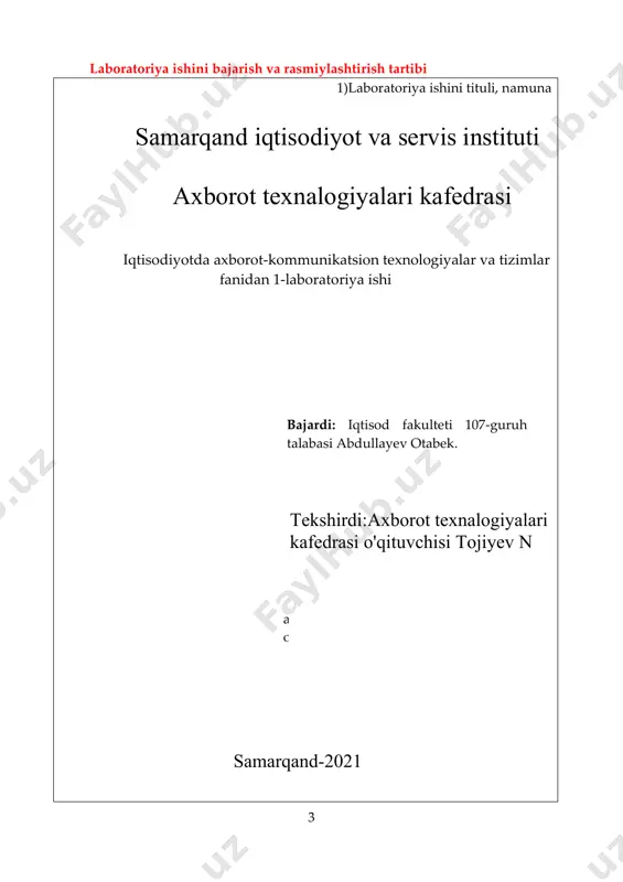 актикум. – архангельск, агту, 2012. – 148 с. 4.долимов ш.к. компьютер саводхонлиги жки компьютер техно- логияларига оид русча-фзбекча атама ва таърифлар луғати. тошкент: - 84 б. 5.лебедев а.н. windows 7 и office 2010. компьютер для начинающих. завтра на работу.самоучитель. – питер; санкт - петербург, 2010. – 299 с. 6.макарова н.в., волков в.б. информатика: учебник для вузов. – спб.: питер, 2011. – 576 с.: ил. 8.таненбаум э. современные операционные системы. 3-е изд. – спб.: питер, 2010. – 1120 с.: ил. 9.трофилов в.в. и др. информационные технологии: учебник. – м.:издательство юрайт; ид юрайт, 2011. - 624 с. – (основы наук). 10.урдушев х. ва б. microsoft windows xp ва microsoft office xpда ишлаш. методик қфлланма. самарқанд: самиси босмахонаси, 2007. – 323 б. http://www.ziyonet.uz- ахборот-таълим тармоғи портали. http://za-partoj.ru/edu/comp4.htm-учебники, справочники и др. пособия по информатике и программированию. http://eknigi.org/nauka_i_ucheba/2912-praktikum-po-informatike-i- informacionnym.html-электронная библиотека. http://metodist.lbz.ru/iumk/informatics/er.php-электронные ресурсы по информатике. http://www.ziyonet.uz-/ http://za-partoj.ru/edu/comp4.htm http://eknigi.org/nauka_i_ucheba/2912-praktikum-po-informatike-i-informacionnym.html http://eknigi.org/nauka_i_ucheba/2912-praktikum-po-informatike-i-informacionnym.html 5 3) laboratoriya ishini navbatdagi sahifalaridan boshlab …