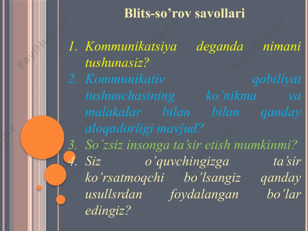 lib kelishini ko‘rsatish (masalan, ana shunday xislatlarga ega bo‘lib, o‘z hayotini barbod qilgan, o‘z erki, g`ururi va vijdonini yo‘qotgan kishilar haqida so‘zlab berish. buning uchun hayotiy misollar, badiiy asarlar, kinofilmlar va boshqalardan foydalanish mumkin); soxta ishonchni yoqlab, himoya qiluvchi o‘quvchi fikrini mantiqiy rivojlantirib, uni hayratga soluvchi holatga yetkazish. masalan, barcha o‘quvchilar o‘qituvchilarni aldash, ichki tartib-qoidalarga rioya qilmaslik nimalarga olib borishi mumkin). o‘qituvchi tarbiyachi sifatida tarbiyalanuvchi o‘quvchilarni o‘zi uchun hamisha tarbiya obyekti deb hisoblashi kerak. biroq tarbiya­lanuvchi o‘qituvchi-tarbiyachi bilan erkin va ongli munosabatda bo‘lish­ga erishsagina, tarbiyaviy munosabatlar samarali xarakter kasb etadi. tarbiyaviy faoliyatning kommunikativ munosabatlar jarayonida o‘ziga xos qator qoidalari ham mavjud bo‘lib, o‘qituvchi o‘quvchilarga peda­gogik ta’sir ko‘rsatishda ushbu qoidalarni mukammal bilishi lozim o’qituvchining kommunikativ qobiliyatini rivojlantirish yo’llari pedagogik munosabatda muvaffaqiyatlarga erishish uchun o‘qituvchi: o‘quvchilar bilan bo‘lajak munosabatni modellashtira olishi; munosabatda bo‘ladigan sinf jamoasi xususiyatlarini oldindan bilishi; bevosita samimiy va hamjihatlikka asoslangan munosabat o‘r­natish; munosabatda ustunlikka ega bo‘lib, uni demokratik talablar …