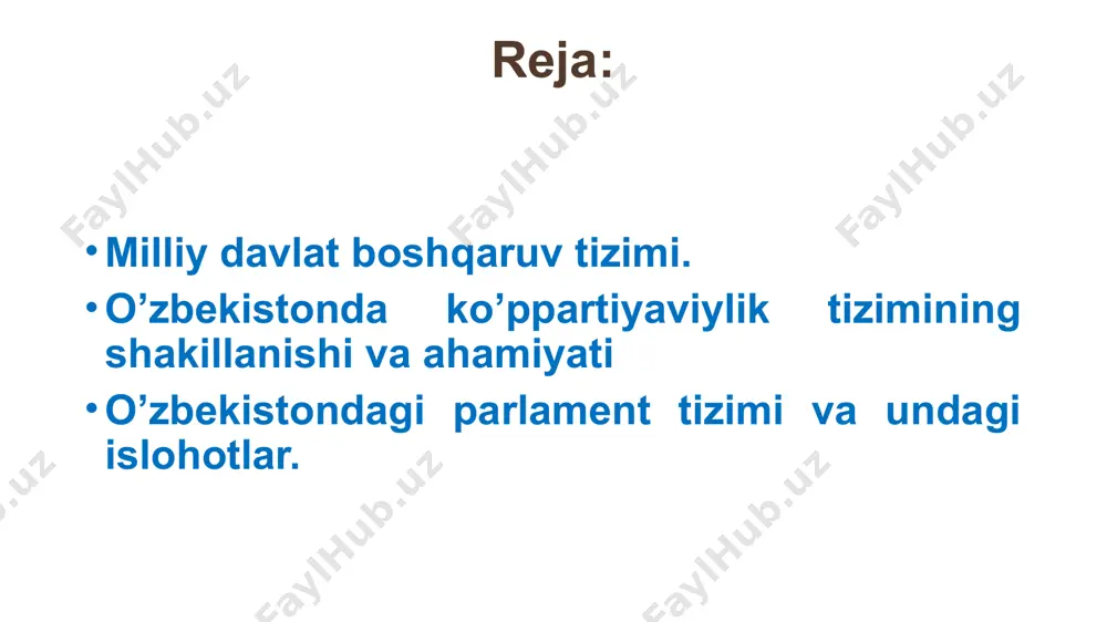 si salov yakunlarini ko’rib chiqib, i.a.karimovni 1991 - yil 29 dekabrdan o’zbekiston respublikasining prezidenti lavozimiga saylangan, deb xisoblashga qaror qildi. 1. 1991 yil 5-sentabr lenin maydoniga “mustaqillik maydoni” nomi berildi 2. 1992 yil 8-dekabr oliy kengashning xii chaqiriq xi sessiyasida 6 bo’lim, 26 bob, 128 moddadan iborat konstitutsiyamiz qabul qilindi 3. 1991 yil 18 noyabr “o’zbekiton respublikasi prezidentligiga saylov to’g’risida qonun” qabul qilindi 4. 1991, 2000, 2007, 2015, 2016 yillarda o’zbekiston prezidentligiga saylovlar bo’lib o’tdi 8 o‘zbekistonda davlat boshqaruv tizimi qonun chiqaruvchi hokimiyat prezident har uch yo‘nalishdani davlat hokimiyatining faoliyatlarini muvofiqlashtirib turadi ijro etuvchi hokimiyat sud hokimiyati 2 yuqori palata senat qonunchilik palatasi 100 deputat 1 quyi palata qonunchilik palatasi 150 deputat (doimiy faoliyat yuritada) bosh vazir vazirliklar konsernlar xoldinglar kompaniyalar sudlar jinoiy, fuqarolik va xo‘jalik ishlar buyicha ixtisoslashgan o’zbekiston tarixi prezidentlik hokimyati 9 “prezident” so’zi “oldinda o’tiruvchi” degan manoni bildiradi 1990-yil 24-mart kuni o’zbekistonda prezidentlik hokimyati joriy etiladi 1990-yil …