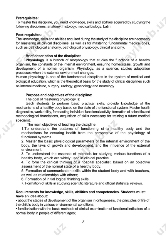 n of variants of anomalies and defects • use educational, scientific, popular science literature, and the internet for professional activities. acquire practical skills: • measurements of functional indicators of clinical significance: • study of tendon reflexes; • determination of visual acuity; • determination of the field of view; • ability to assess morphofunctional physiological states and pathological processes in the human body to solve professional problems; • use knowledge in health-improving work with various groups; • analyze the features of human functions; be competent: • have fundamental knowledge about the structure of the body and the functions of organs; • have an idea of ​​the integrity of the body; organism and environment; organs and organ systems; • be able to apply your knowledge and skills in professional activities; thematic plan for studying an academic discipline (full-time study) week credit topic content 1 1 1 type of lesson: lecture topic-1. physiology …
