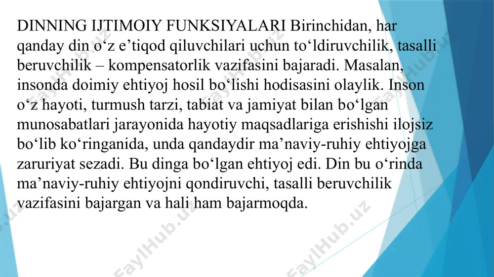 timoiiy sistema muayyan cheklovlarsiz mavjud bo‘la olmaydi. buning uchun u qonun darajasiga ko‘tarilgan axloq normalarini ishlab chiqishi kerak. din bunday normalarni qonunlashtiribgina qolmay, ularga bo‘lgan munosabatni ham belgilaydi». oltinchidan, din vazifalarining falsafiy, nazariy jihatlari ham mavjud. bu vazifa insonga yashashdan maqsad, hayot mazmunini masalalariga o‘z munosabatini bildirib turishidan iboratdir. din ham falsafa kabi dunyoqarashlardan biridir. falsafa ham, din ham dunyoning dunyoqarash ta’rifini yaratadi, tafakkurning ma’lum usullari va qadriyatlar tizimini shakllantiradi. diniy ongni tashvishga solgan voqea-hodisalar ko‘pincha falsafiy tafakkur sohasiga ham dahldor. bularning hammasi falsafa va dinni birlashtiradi. biroq ular o‘rtasida prinsipial farqlar ham mavjud. falsafadan farqli o‘laroq din e’tiqodga asoslanadi. har qanday din aqida (dogma)larga asoslangan. ularning asosida xudo tomonidan yuborilgan vahiy – o‘gitlar, tamoyillar va muqaddas ilohiy matnlar yotadi. o‘zining «ilohiy» tusdaligi tufayli muqaddas matnlar o‘zgarmasdir, ularga shubhali qarash esa - xudoga shak keltirishdir. dinga berilgan ta’riflar. dinlar tasnifi. din tabiat, jamiyat, inson va uning ongi, yashashdan maqsadi hamda …
