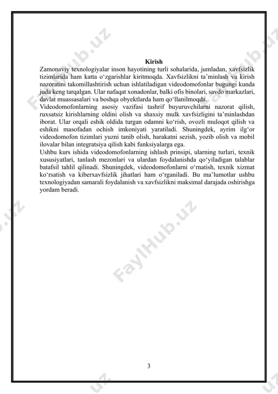 n muloqot qilish va ehtiyoj bo‘lsa, masofadan eshikni ochish imkonini beruvchi qurilma. u oddiy domofon tizimiga nisbatan qo‘shimcha xavfsizlik choralari bilan ta’minlaydi. videodomofonlar odatda turar-joy binolari, ofislar, sanoat ob’ektlari va boshqa muassasalarda ishlatiladi. videodomofonning asosiy komponentlari videodomofon tizimi quyidagi asosiy qismlardan iborat: tashqi blok (kuzatuv paneli) kamera – tashrif buyuruvchilarni kuzatadi. ovozli muloqot tizimi – tashrifchini eshitish va unga javob berish imkonini beradi. qo‘ng‘iroq tugmasi – tashrif buyuruvchi eshik oldida ekanligini bildirish uchun bosadi. ichki blok (monitor yoki displey paneli) video tasvirni aks ettiradi. ovozli aloqa orqali tashrifchi bilan muloqot qilish imkonini beradi. tugmalar yoki sensorli boshqaruv orqali eshikni ochish imkonini beradi. quvvat manbai videodomofonning barqaror ishlashini ta’minlaydi. ba’zi tizimlar elektr uzilishlaridan himoyalanish uchun zaxira batareyaga ega. elektron qulf va eshikni ochish mexanizmi foydalanuvchi ruxsat bergandan so‘ng eshik yoki darvozaning avtomatik ochilishiga imkon beradi. qo‘shimcha komponentlar harakat sensori – harakatni sezib, avtomatik ravishda yozib olishni yoqadi. infraqizil yoritish – tungi …