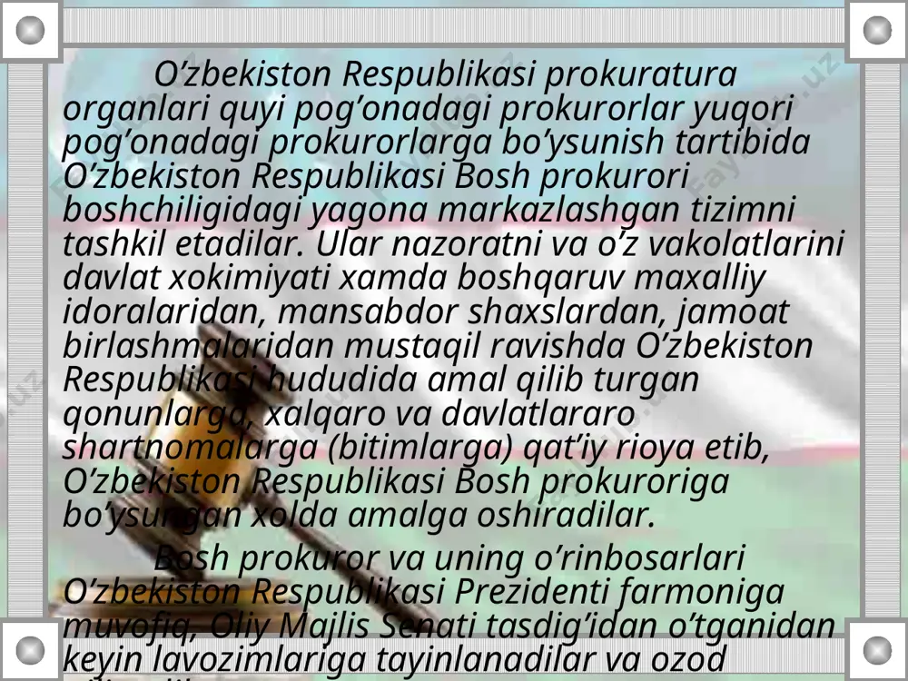 belgilanadi. jumladan, 1993 yil 7 mayda qabul qilingan o’zbekiston respublikasining harbiy prokuraturasi to’g’risidagi nizomga ko’ra, harbiy prokuratura “prokuratura to’g’risida”gi qonunda o’ziga yuklatilgan vazifalarni bajara turib, o’z faoliyatini qurolli kuchlar, chegara va ichki qo’shinlarda, qorovul qo’shinlarida, shuningdek fvv bo’linmalarida qonuniylik va huquq-tartibotni mustaxkamlashga qaratadi. u quyidagilarni muhofaza qiladi: harbiy xizmatchilar, harbiy quruvchilar va yig’inlarga chaqirilgan harbiy xizmatga majburlar, ularning oila-a’zolari va qurolli kuchlar ichki qo’shinlar qo’shinlari va fvv bo’linmalari xizmatchilarining, shuningdek, boshqa fuqarolarning huquq va erkinliklarini; o’zbekiston respublikasi xavfsizligini, qurolli kuchlarning, chegara qo’shinlari, ichki qo’shinlarining va qorovul qo’shinlarining xamda fvv bo’dinmalarining harbiy qobiliyati va xarbiy tayyorganligini, harbiy intizom va harbiy xizmatni o’tashning belgilangan tartibini; harbiy qismlar, qurolli kuchlarning muassasalari, harbiy o’quv yurti, korxonalari va tashkilotlarining huquqlari va qonuniy manfaatlarini. harbiy prokuratura o’ziga yuklatilgan vazifalardan kelib chiqib, quyidagi asosiy yo’nalishlarda faoliyat ko’rsatadi: a) barcha harbiy boshqaruv organlari, harbiy qismlar, harbiy o’quv yurtlari, korxonalar, muassasalar, tashkilotlar, o’zbekiston respublikasi qurolli kuchlari, ichki qo’shinlar va …