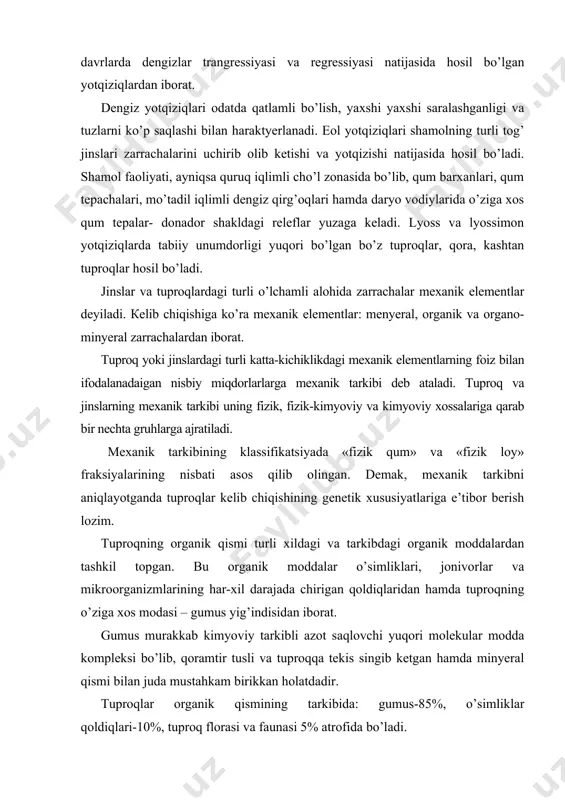 gan. bu organik moddalar o’simliklari, jonivorlar va mikroorganizmlarining har-xil darajada chirigan qoldiqlaridan hamda tuproqning o’ziga xos modasi – gumus yig’indisidan iborat. gumus murakkab kimyoviy tarkibli azot saqlovchi yuqori molekular modda kompleksi bo’lib, qoramtir tusli va tuproqqa tekis singib ketgan hamda minyeral qismi bilan juda mustahkam birikkan holatdadir. tuproqlar organik qismining tarkibida: gumus-85%, o’simliklar qoldiqlari-10%, tuproq florasi va faunasi 5% atrofida bo’ladi. organik brikmalarning tuproqda parchalanishi murakkab va uzoq kechadigan jarayon bo’lib, undan mexanik, fizik, biologik va biokimyoviy omillar natijasida juda murakkab o’zgarishlar ro’y beradi. mukammal tuzilgan strukturali organik brikmalar oddiy shakldagi brikmalargacha, jumladan, to’liq minyerallashgan (co2, nh3, h2o kabi) mahsulotlarga qadar parchalanadi va qisman gumus moddalari to’planadi va ushbu jarayonda mikro va makro organizmlarni roli katta. tuproq fyermentlari organik qoldiqlarning qayta o’zgarishida faol qatnashadi. tuproqda turli kimyoviy brikmalarning parchalanishi va murakkab o’zgarishi ro‘y beradi: oqsillarning parchalanishi; mono-va disaxaridlarning o’zgarishi; kraxmal gidrolizi; sellyulozaning aromatik brikmalari; lipidlar parchalanishi. organik moddalar o’zining tabiati …