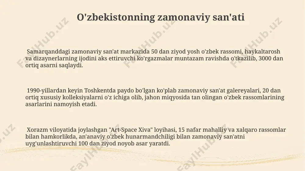 onaviy davrida 30 dan ortiq muzey va galereyalar mavjud boʻlib, ular minglab asarlarni namoyish etadi va 21-asr sanʼatini oʻrganish uchun muhim manba hisoblanadi. oʻzbek tasviriy sanʼatida 15-asrda samarqand va buxoroda miniatyura maktablari rivoj topgan boʻlib, ularning noyob uslublari dunyo miqyosida tan olingan. o'zbekiston madaniyatining global ta'siri oʻzbekistonning boy tarixiy merosini aks ettiruvchi 200 dan ortiq unesconing jahon merosi roʻyxatiga kiritilgan yodgorliklari global turizmni rivojlantirishga va madaniy almashinuvga sezilarli hissa qoʻshmoqda. oʻzbekistonning an'anaviy musiqa va raqs san'ati, xususan, 500 yillik tarixga ega boʻlgan "lazgi" raqsi, koʻplab xalqaro festivallarda ishtirok etib, global auditoriyani oʻziga jalb qilmoqda. samarqand va buxoro kabi shaharlarning me'morchiligi, 15-asr miniatyura san'ati va 21-asr zamonaviy kino san'atining global miqyosda tan olinishi oʻzbekiston madaniyatining jahon sahnasidagi mavqeini mustahkamlamoqda. xiva me'morchiligi va madaniyati xiva me'morchiligining noyob xususiyati, 11-16-asrlarda qurilgan 250 dan ortiq tarixiy obidalarining, jumladan, juma masjidi va kalta minor minorasining ajoyib naqsh va bezaklari bilan ajralib turishidir. xorazm viloyatining xiva …