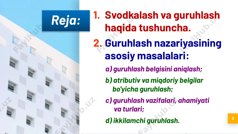 shuning uchun keng ma'nodagi murakkab jamlash (svodkalash) ishlarini tashkil qilish talab qilinadi. svodkalash va guruhlash haqida tushuncha 8 keng ma'nodagi jamlashning asosiy elementi bo'lib - guruhlash hisoblanadi. guruhlash deganda – statistik to'mlamni oldindan aniqlangan belgi bo'yicha bir qancha guruhlarga ajratish tushuniladi. svodkalash va guruhlash haqida tushuncha 9 keng ma'nodagi murakkab jamlash (svodkalash): 1) guruhlash va har bir guruh bo'yicha jamlarini hisoblash; 2) umumiy statistik jadvalning maketini tuzish va unga guruhlar bo'yicha hisoblangan jamlar yozilishini qamrab oladi. svodkalash va guruhlash haqida tushuncha 10 yuqorida keltirilgan 10 ta korxonani o'sish sur'atlari bo'yicha 4 ta guruhga ajratamiz. 1 – guruh. ishlab chiqarish hajmi pasayib ketgan korxonalar (100% gacha) korxonalar ishlab chiqarilgan mahsulot (mln. so’m) o‘sish sur’ati (foizda) 2 40 39 97,5 % 5 50 48 96,0 % 9 58 51 87,9 % jami (3ta korxona) 148 138 93,2 % svodkalash va guruhlash haqida tushuncha 11 yuqorida keltirilgan 10 ta korxonani o'sish sur'atlari bo'yicha …