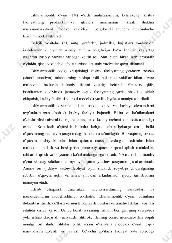 ok etuvchilaming vazifa va majburiyatlarini, maqsadlari ko'rsatilgan senariy tuziladi. bu yerda, ma'lum shaxsning haqiqiy qiyofasiga kirib borish, uning xatti-harakatlarini anglash, vaziyatni baholash va to'g'ri xatti-harakatni tanlash, muhim hisoblanadi. psixodrama va sotsiodrama - bu rolli o'yinga, ishbilarmonlik teatriga o'xshagan bo'lib, faqat bu yerda sotsial-psixologik masalalar yechiladi. bunday masalalar jumlasiga jamoadagi vaziyatni his kila olish, boshqa kishini ruhiy holatini to'g'ri baholash va uni o'zgartira olish, u bilan unumli muloqotga kira olish kiradi. ishbilarmonlik o'yini texnologiyalari uch bosqichdan iborat (3.12-rasm). i. tаyyorlаsh bоsqichi 1.1.o’yinni ishlаb chiqish sцеnаriyani ishlаb chiqish yo’riqnоmа mаzmunini ishlаb chiqish mоddiy tа’minоtni tаyyorlаsh guruhni shаkllаntirish 1.2.o’yingа kirishish rоllаr tаqismоti muаmmо vа mаqsаdlаrni vujugа kеltirish shаrtlаr, qоidаlаr, rеglаmеnt o’rnаtish mаslаhаtlаr bеrish ii. o’tkаzish bоsqichi 2.1.tоpshiriq ustidа guruh bilаn ishlаsh mаnbаlаr bilаn ishlаsh trеning miyalаr hujumi o’yin tехniki bilаsh ishlаsh 2.2. guruhlаrаrо munоzаrа guruhlаrning chiqishi nаtijаlаrni himоya qilish munоzаrа qоidаsi tаqrizchilаr (ekspеrt) ishi iii. tаhlil bоsqichi 3.1. o’yindаn chiqаrish 3.2. tаhlil 3.3. …