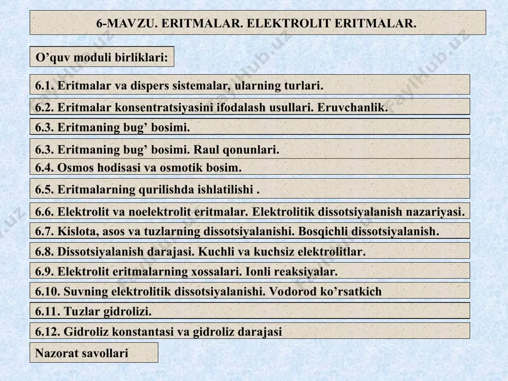 larni ko’z bilan yoki oddiy mikroskopda ko’rish mumkin. ular zarrachalari oddiy filtr qog’ozdan ham o’tmaydi. dispers faza zarrachalari tezda idish tubiga cho’kadi yoki qavat holida ajraladi. dag’al dispers sistemalar geterogen sistemalardir. dag’al dispers sistemalar tarkibiga ko’ra, suspenziya va emulsiyalarga bo’linadi. dispers faza qattiq moddadan, dispersion muhit suyuq moddadan iborat dag’al dispers sistemaga suspenziya deyiladi. suspenziyaga, bo’rning mayin kukuni va suv aralashmasi misol bo’ladi. dispers faza ham, dispersion muhit ham suyuq moddadan iborat dag’al dispers sistemaga emulsiya deyiladi. emulsiyaga, sut, o’simlik moyi yoki benzinning suv bilan aralashmasi misol bo’ladi. dispers faza zarrachalari o’lchami 1 nm dan 100 nm oralig’ida bo’lgan dispers sistemalar kolloid eritmalar, boshqacha aytganda, zollar deyiladi. dispers muhiti gazsimon bo’lgan moddalar sistemasi aerozollar, dispers faza qattiq bo’lganda tutunlar deyiladi. agar dispers faza gaz dispers muhit suyuqlik bo’lsa, bunday sistema ko’pik deyiladi. kolloid eritmalarga qon plazmasi, tuxum oqsilining suvdagi eritmasi misol bo’ladi. kolloid eritmalar mikrogеtеrogеn sistеmalardir. kolloid eritmalar zarrachalarini faqat …