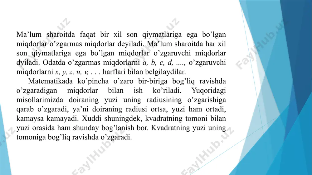 o'lsa, f(x) quyidan chegaralangan deyiladi. misol. 1. y = x ^ 2 - 4x + 6 funksiya = 2 ya'ni funksiyaning eng katta qiymati yo'q. agar y=f(x) funksiya yuqoridan ham, quyidan chegaralangan bo'lsa, ya'ni asf(x) b bo'lsa, bunday funksiyaga chegaralangan funksiya deyiladi. masalan, y=sinx, y=cosx funksiyalar chegaralangandir, chunki /ssinx va-1scoss shartlari bajariladi. . agar y=f(x) funksiya uchun as(x) yoki f(x) sb tengsizliklarni qanoatlantiradigan a yoki b sonlari mavjud bo'lmasa, u holda bunday funksiya chegaralanmagan funksiya deyiladi. masalan, y=x funksiya (-00, +00) oraliqda aniqlangan, lekin chegaralanmagan funksiyadir, ya'ni- х ) , 4 5 ( ¥ + /docprops/thumbnail.jpeg