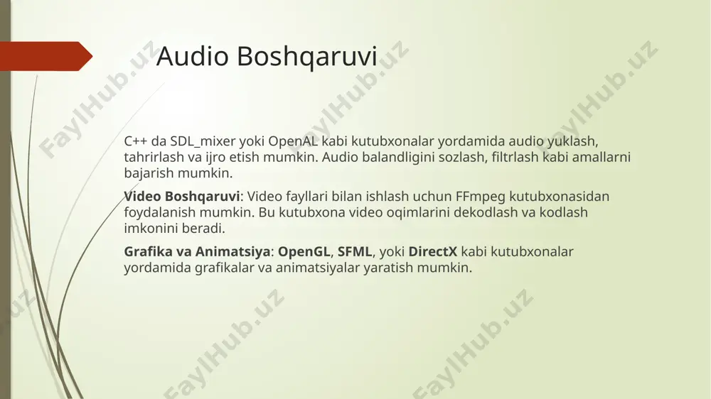 r sizni bosqichma-bosqich o'rgatib boradi. agar o'zbek tilida qo'shimcha manbalar kerak bo'lsa yoki boshqa savollar bo'lsa, albatta yordam bera olaman! multimedia nima? multimedia — bu turli xil shakldagi kontentni (audio, video, tasvirlar, matn va boshqa interaktiv elementlar) birlashtirish va birgalikda ishlatishdir. multimedia yordamida foydalanuvchilar turli usullarda ma'lumot olishi yoki o'zaro aloqada bo'lishi mumkin. multimedia turlari: matn: matnli ma'lumotlar (masalan, kitoblar, maqolalar, va bloglar) multimedia tizimlarida asosiy axborot manbai bo'lishi mumkin. tasvirlar (grafika): rasm, diagramma, tasvirlar yoki animatsiyalar. bu tasvirlar foydalanuvchining vizual tajribasini boyitadi. audio: ovozli ma'lumotlar (musiqa, ovozli xabarlar, o'quv kurslari va hokazo). video: harakatlanuvchi tasvirlar va ovozning kombinatsiyasi. video multimedia tizimlarida juda muhim o'rin tutadi, chunki u tomoshabinlarga aniq va to'liq ma'lumot yetkazishga yordam beradi. interaktiv elementlar: foydalanuvchi bilan o'zaro aloqada bo'lish uchun ishlatiladigan elementlar, masalan, tugmalar, menyular yoki boshqa ko'rgazmalar. multimedia dasturlarining qo'llanilishi: o'yinlar: kompyuter o'yinlari multimedia texnologiyalaridan keng foydalanadi, chunki ular tasvir, ovoz va animatsiyani birlashtirib, interaktiv …