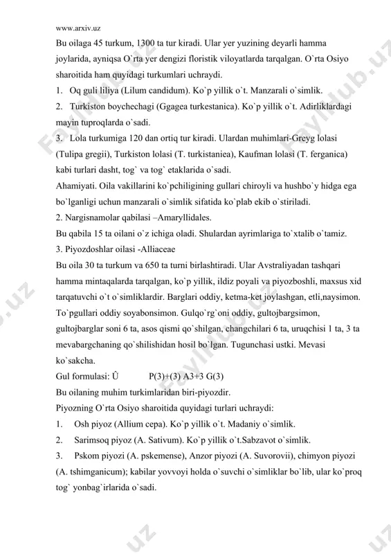 a, rozetka (to`pbarg) holida, ba`zan ketma-ket joylashgan. gullari ikki jinsli, to`g`ri, ba`zan bir oz qiyshiqroq bo`lib, piyozdoshlar oilasidan tugunchasining ostki va ost gultoji hosil qilishi bilan farq qiladi. gul formulasi: û p3+3 a3+3 g(3) oilaning o`rta osiyo sharoitida kalantus (calanthus), nargis (narcissus), qoraqobiq (ungernia), chuchmo`ma (jxiolirion) kabi turkumlari tarqalgan. bu o`simliklar manzarali o`simlik sifatida xonadonlarda, istirohat bog`larida va boshqa joylarda ekib o`stiriladi. 3. hilolnamolar qabilasi -cyperales bu qabila faqat hiloldoshlar (cyperaceae) oilasidan tashkil topgan. oila hozirgi vaqtda 100 ta turkum va 4000 ta turni o`z ichiga oladi. ular er yuzining deyarli hamma joylarida tarqalgan, ko`p yillik, bir yillik o`t o`simliklardir. poyasi ko`pincha uch qirrali, bo`g`imsiz, ba`zan tsilindrsimon, er ostki qismi ildizpoyalarga aylangan. bargi tilchasiz, yopiq qinli, ko`pincha poyaning quyi qismida joylashadi. barg yaprog`i qattiq, lentasimon, chetlari g`udur-budur. gullari mayda, ikki yoki bir jinsli, boshoqsimon, soyabonsimon va boshqa xilda ham bo`lishi mumkin. guli go`lqo`rg`onsiz, ba`zan tukcha yoki qiltiqlarga ega. changchilari 3 …