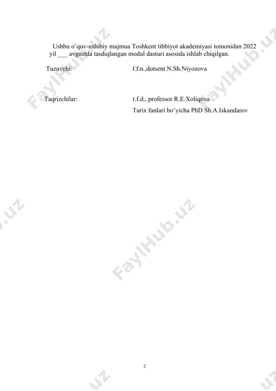 ar...................................................................................161-167 4.4. testlar..........................................................................................................168172 4.5. nazorat savollari………………………………………………………...173-174 4.6. baholash mezonlarini qo’llash bo’yicha uslubiy ko’rsatmalar..........................175 1. o’quv materiallari 1.1. ma’ruza mavzulari bo’yicha o’quv materiali ma’ruza mavzulari 1-mavzu. “o‘zbekistonning eng yangi tarixi” modulining predmeti, maqsadi va vazifalari, nazariy-metodologik tamoyillari. ajratilgan soat-2 reja: 1.o‘zbekiston tarixi fani, predmeti, obyekti, uning maqsadi va vazifalari. 2.o‘zbekiston tarixi fanining nazariy-metodologik asoslari 3.o‘zbekiston tarixini davrlashtirish. 4.tarixiy manbalar va ularning turlari, ahamiyati. 5.o‘zbekiston tarixi fanining komil inson tarbiyasidagi o‘rni va roli. mashg‘ulot maqsadi: o‘zbekiston tarixi fanining predmeti, nazariy- metodologik asoslari, manbalari va mintaqa tarixining jahon tarixi bilan bog‘liqligi to‘g‘risida biiimlar tizimini shakllantirish. tayanch tushunchlar: tarix, o‘zbekiston, fan, predmet, obyekt, nazariy- metodologik asoslar, tamoyillar,holislik, ilmiylik, tarixiylik, davr, tarixiy manba, yozma manbalar, moddiy manbalar, xalq, mamlakat, mintaqa, o‘tmish, movarounnahr, turkiston, gerodot, xitoy yilnomalari, kvint kursiy ruf, strabon, madaniyat, til, urf-odatlar, tarixiy o‘tmish, tarixiy xotira, sivilizatsiya, arxeologiya, numizmatika, paleograflya, etnografiya, sharq va g‘arb, shaharsozlik, “avesta”, bexistun yozuvlari, “temur tuzuklari”, beruniy, forobiy, madaniy meros, …