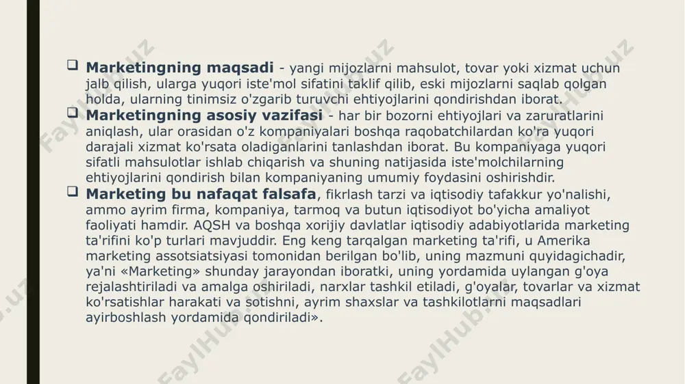 tidan yangi texnik-iqtisodiy tavsifnomaga ega, prinsipial jihatdan yangi mahsulot turlavrini ishlab chiqish; muayyan xaridorlarning so’rov va talablariga nisbatan yangi mahsulot turlarini modifikasiyalash; firmaning o’z fan-texnika ishlanmalari asosija chiqarilayotgan mahsulotni takomillashtirish; sotib olingan patent va lisenziyalarni qo’llash asosida yangi mahsulot turlarini yaratish. marketingni rejalashtirishga batafsil to’xtalib o’tamiz. marketing rejasi quyidagi bo’limlardan iborat bo’ladi: a) nazorat ko’rsatkichlari ma’lumotlari; b) joriy marketing vaziyatini bayon qilish; v) xavf-xatar va imkoniyatlar ro’yxati; g) muammo va vazifalar tahlili; d) marketing strategiyasi; ye) hatti-harakatlar dasturi; j) byud­jetlar; z) nazorat tartibi. maxsus, marketing rejasi shabloniga kiritiladigan ma'lumotlar u quyidagicha: belgilangan maqsadlarning qisqacha mazmuni. ushbu reja amal qilganidan keyin ular bajarilganmi yoki yo'qmi, bilish. amaldagi biznes holatini tahlil qilish (keyinchalik uni hozirgi holat bilan taqqoslash uchun). rejaning belgilangan strategiyalari, ya'ni ushbu maqsadlarga erishish uchun nima qilinishini bilish. amal qilish kerak bo'lgan o'lchovlar, strategiya ob'ektiv ravishda to'g'ri yoki yo'qligini bilish. marketing rejasi bir necha sahifada ushbu materialda kuzatiladigan global strategiyani …