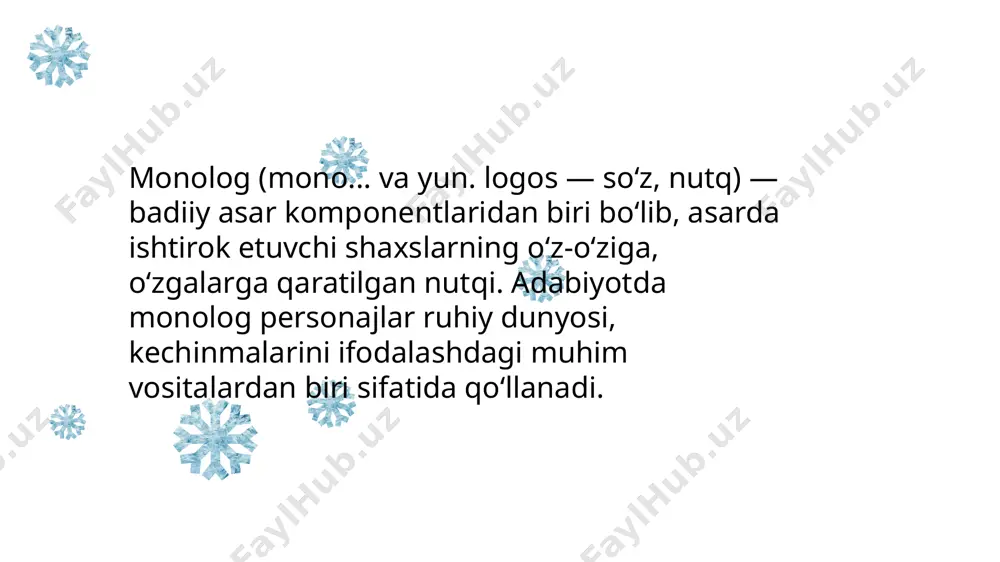 tasavvurni shakllantirishi zarur. aynan ushbu ko‘rsatkich (gaplar o‘rtasidagi aloqa vositasi) nutqiy fikrning ravonligini shakllantirishning muhim shartlaridan biri sifatida ishtirok etadi. 6 monologik nutq ham insonning muloqot shakli hisoblanadi. inson nutqi sifatida monologik nutq ham amalda bo‘lgan muomala etikasi va tamoyillariga bo‘ysunadi. monolog so‘zlovchining o‘ziga yoki tinglovchilarga qarata aytgan nutqidir. monologik nutqda so‘zlovchi o‘ziga ma’lum bo‘lgan voqea-hodisalar, o‘z ichki kechinmalari haqida ma’lumot beradi. monologik nutq tinglovchilarni faol aralashuvga undamaydi, ulardan aytilganlarga javob talab qilmaydi. monologik nutq ham insonning muloqot shakli hisoblanadi. inson nutqi sifatida monologik nutq ham amalda bo‘lgan muomala etikasi va tamoyillariga bo‘ysunadi. monolog so‘zlovchining o‘ziga yoki tinglovchilarga qarata aytgan nutqidir. monologik nutqda so‘zlovchi o‘ziga ma’lum bo‘lgan voqea-hodisalar, o‘z ichki kechinmalari haqida ma’lumot beradi. monologik nutq tinglovchilarni faol aralashuvga undamaydi, ulardan aytilganlarga javob talab qilmaydi. bolalar monologik nutqni tushunib yetishlari va o’z xabarlarini uzatish maqsadida uni o’zlashtirib olishlari uchun ular tegishli sintaktik tuzilmani o’zlashtirib olishlari lozim. hamonki, bola oddiy keng …