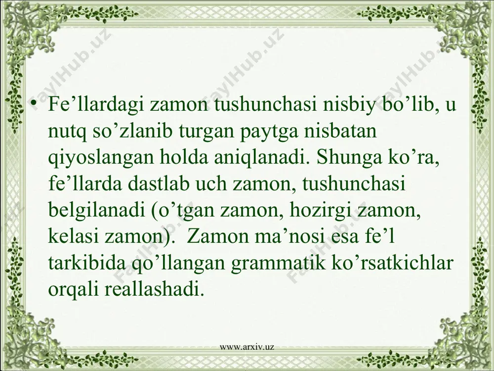 m fe’li nutq so’zlanib turgan paytdan ilgari ma’lum bir muddat davomli yoki takrorlanib turgan ish-harakatni ifodalaydi. bunda davomlilik tushunchasi "doimiy" yoki nisbiy bo’lishi mumkin; unda ma’lum bir muddat davom etgan konkret jarayon tushunchasi ham aks eta oladi. www.arxiv.uz www.arxiv.uz o’tgan zamonning bu turi birinchidan, -r(-ar) to’liqsiz fe’lini biriktirib tuslash orqali; ikkinchidan, -yotgan affiksli hozirgi zamon sifatdoshiga edi to’liqsiz fe’lini biriktirib tuslash orqali; uchinchidan, -moqda affiksli fe’l formasiga edi to’liqsiz fe’lini biriktirib tuslash orqali shallanadi. o’tgan zamon maqsad fe’li, birinchidan, -moqchi affiksli fe’l formasidan so’ng edi to’liqsiz fe’lini biriktirib tuslash orqali shakllanadi. www.arxiv.uz www.arxiv.uz bunday fe’l formalari. asosan, nutq so’zlanib turgan paytdan ilgari bajarilishi maqsad qilingan ish-harakat tushunchasini ifodalaydi, ammo gap mazmunidan uning voqe bo’lgan-bo’lmaganligi aniq ifodalanmaydi. ish-harakatning nutq so’zlanib turgan paytda bajarilayotgan (yoki bajarilmayotgan)ini ifodalaydigan fe’llar hozirgi zamon fe’li sanaladi. www.arxiv.uz www.arxiv.uz ular, birinchidan, -a(-y) affiksli ravishdoshlarni tuslash orqali; ikkinchidan, tarkibida –yap, -moqda, -yotib, -yotir affikslari qo’llangan fe’l formalarini tuslash …