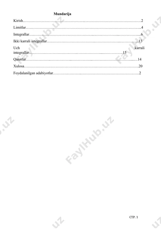 ralangan sohalarda maydon yoki uzunlikni hisoblash; · 1- va 2-tur xosmas integrallar – chegarasiz yoki aniqlanmagan nuqtalarda hosil bo‘ladigan integrallarni hisoblash; · ikki va uch o‘lchamli integrallar (2x va 3x) – ikki yoki uch o‘zgaruvchili funksiyalar uchun integral olish, ko‘p o‘lchamli fazoda hajm yoki maydonni topish; · summalar va ko‘paytmalar – ketma-ketliklar yoki formulalar orqali ifodalangan yig‘indilar va ko‘paytmalarni hisoblash. maple dasturi yordamida har bir matematik tushuncha amalda qanday ishlatilishini, ularni qanday hisoblash mumkinligini, grafik ifodasini qanday qurish mumkinligini o‘rganamiz. bu orqali biz nafaqat nazariy bilimlarni mustahkamlash, balki ularni real hayotda, texnik yoki iqtisodiy masalalarda qanday qo‘llashni ham o‘zlashtiramiz. shuningdek, bu topshiriq orqali talabalarda mustaqil ishlash, axborot texnologiyalaridan foydalana olish, matematik fikrlash va muammoni tahlil qilish ko‘nikmalari rivojlanadi. limitlar limitlarga doir ba`zi teoremalar 1-teorema(yig`indining limiti haqida). ikki funksiya algebraik yig`indisining limiti shu funksiyalar limitlarining algebraik yig`indisiga teng: lim [f(x)+g(x)]= lim f(x)+ lim g(x) (1) bu teorema istalgancha chekli sondagi funksiyalar …