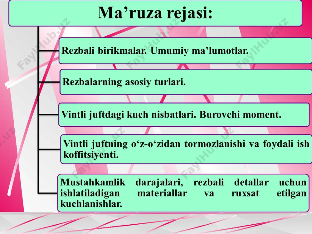 alari rezbali birikmalarda qo’llaniladi va ular uchburchakli profilga ega bo’lib, katta ishqalanish, yuqori mustahkamlikka va texnologiklikka egadir. o’z-o’zidan bo’shab ketish hollaridan mustasno. mahkamlash-jipslashtirish rezbalari germetiklik talab etiladigan birikmalarda qo’llanadi. odatda barcha mahkamlash rezbali detallar bir kirimli tarzda bo’lishi tavsiya etiladi, harakatni uzatish rezbalari vintli uzatmalarda ishlatiladi va kichik ishqalanish bilan tavsiflanuvchi trapesiyaviy (ba’zan esa to’g’riburchakli) profilga egadir. rezba silindr yoki konusning ichki yoki sirtqi sirtida tayyorlanishi mumkin. birinchisi ichki, ikkinchisi sirtqi rezba deyiladi. rezbaning o‘lchamlari to‘liq hisobda ifodalansa, metrik rezba, dyuym bilan ifodalanganda esa dyuymli rezba deyiladi o‘zbekistonda metrik rezbalardan ko‘proq foydalaniladi. metrik rezbalarda profil burchagi 60 grad., dyuymli rezbalarda esa 55 grad.ga teng . rezbani tayyorlash usullari. 1. metchik yoki plashkalar yordamida rezba kesish. bu usul kichik ishlab chiqarish uchun xos. rezba individual ishlab chiqarish va ta’mirlash ishlarida qo’llaniladi. 2. tokarlik vint kesuvchi dastgohlarda rezba kesish. 3. maxsus rezba kesuvchi dastgohlarda rezba kesish. rezba aniqligiga yuqori talab qo’yilgan katta …