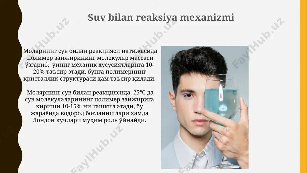 diapazonida o'lchovlar o'tkazish orqali, namanganda joylashgan laboratoriyalarda moylar gidratatsiyasi darajasini aniqlash imkonini beradi. suvning bog'lanish energiyasini termogravimetrik tahlil (tga) usuli bilan o'lchash orqali, masalan, 100-200°c harorat oralig'ida, toshkentdagi ilmiy markazlarda gidratatsiya darajasi aniqlanadi. kelajakdagi tadqiqot yo'nalishlari turli xil moy turlarining gidratatsiya darajasini aniqlash uchun 5 dan ortiq yangi usullarni ishlab chiqish va ularning aniqligi va ishonchliligini andijon viloyatining sanoat korxonalarida sinovdan o'tkazish maqsadga muvofiqdir. moylarning gidratatsiyasi jarayonini 10 dan ortiq turdagi yangi katalizatorlar yordamida, xususan, toshkent shahridagi laboratoriyalarda o'rganish va ularning samaradorligini baholash kerak. e'tiboringiz uchun rahmat @taqdimot_robot image1.jpg image2.jpg image3.jpg image4.jpg image5.jpg image6.jpg image7.jpg image8.jpg image9.jpg image10.jpg