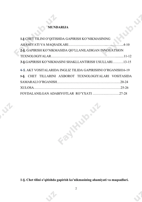 rori chet tillarini o’rganish imkoniyatlarini kengaytirdi. respublikamizda chet tilining o’qitilishi, chet tili o’qituvchilarining bilim va ko’nikmalarini baholashning umumevropa ramkalari tavsiyanomalari (cefr) ga mos ravishda yangi usul va talablari ishlab chiqildi. unga ko’ra umumta’lim maktablari va kasb-hunar kollejlari o’quvchilari uchun darsliklar yaratildi. ushbu talablarga mos ravishda o’quv xonalari stendlar va yangi axborot kommunikativ texnikalar bilan jihozlandi. chet tili o’rganishga bo’lgan talab ham kundan kunga oshib bormoqda. chet tili fani to’rt aspectga (o’qish, yoish, tinglab tushunish va gapirish) bo’linib, ularning har biri bo’yicha alohida tushuncha va ko’nikmalar berilmoqda . ta’lim texnologiyalari, bu ta’lim jarayonida zamonaviy axborot texnologiyalaridan unumli foydalanishdir. shuningdek, ta’lim jarayoniga zamonaviy innavatsion texnologiyalarini olib kirish orqali ta’lim sifati va samaradorligini oshirishni nazarda tutadi. xususan, chet tilini o’rganishda bunday axborotkommunikatsion texnoogiyalardan foydalanishning bir qancha afzalliklari mavjuddir. til o’rganish va o’qitishda zamonaviy taxnologiyaning roli beqiyosdir. texnologik vositalardan foydalanish chet tili o’rganishning har bir aspect (o’qish, yozish, tinglab tushunish va gapirish) ida qo’l …