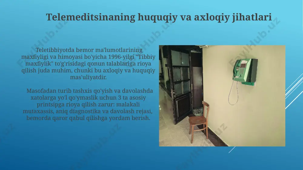 ha 80% bemorlar masofadan turib tibbiy yordam olishdan qoniqishganini va bu usulning qulayligi va vaqtni tejashini ta'kidlashgan. telemeditsina turlari va usullari telemeditsina platformalarida bemorlarning tibbiy ma'lumotlarini saqlash va himoya qilish uchun 128 bitli shifrlash kabi xavfsizlik choralaridan foydalaniladi. masofadan turib diagnostika, masalan, ekg va terining rasmga olinishi kabi 3 xil usul yordamida, telemeditsina bemorlarning holatini aniqlashga yordam beradi. telemeditsinaning afzalliklari va kamchiliklari teletibbiyot geografiyaviy cheklovlarni bartaraf etadi, 70% dan ortiq bemorlar uchun sayohat vaqtini tejaydi va shuningdek, shifokorlarga 20% gacha ko'proq bemorlarga xizmat ko'rsatish imkonini beradi. teletibbiyotning kamchiliklari sifatida internetga kirishning etishmasligi, texnologiya bilan bog'liq muammolar va bemor bilan shifokor o'rtasidagi shaxsiy aloqa yo'qligi kabi omillarni keltirish mumkin. sog'liqni saqlash tizimiga telemeditsinaning ta'siri masofaviy monitoring tizimlari yordamida yurak-qon tomir kasalliklari xavfini 15% ga kamaytirishga erishildi, bu esa sog'liqni saqlash xarajatlarini sezilarli darajada pasaytirdi. telemeditsina orqali shifokorlarga murojaat qilish soni 20% ga oshganligi, bemorlarning davolanishga kirish imkoniyatini yaxshilashga olib keldi. e'tiboringiz …