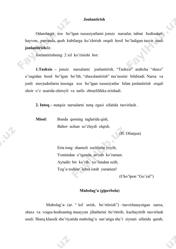 sarda kishining tashqi qiyofasi, siymsi, kiyim-kechagi, o`zini tutishi va hokazolar tasviri portret (fransuzcha tasvir) deyiladi. misol: “jodu ko`zi kishiga qattiq qaraganda qoralikdan boshqacha yna bir turlik bur sochar edi. kipriklari ostida nafis bir surma doirasi bor edi. qoshi tutash kabi ko`rinsa ham, ko`ndalang yotgan ikki qilich orasini nafis bir quyilib-ko`tarilish ajratib turar edi”. (a.qodiriy, “mehrobdan chayon”, ra`no portreti) peyzaj badiiy asarda as ettirilgan joy va tabiat tasviri peyzaj (fr. mamlakat, joy) bo`lib, u turlichqa vazifalarni o`taydi. misol: “cho`l burgutini izlab oltiariqdan yozyovongacha otda jo`nadim. hali quyosh botmagan, uning kechki qizg`ish barglari sarg`aygan o`riklarni, terak uchlarini lovullab yondirayotganday. osmon ko`m-ko`k, ufqda xuddi atayin bo`yab qo`ygandek, qip-qizil bulut parchasi sudralib yuribdi…” (said ahmad, “cho`l burguti”) sifatlash (epitet) sifatlash narsa, voqea-hodisa, tushuncha va kishilarning belgi-xususiyatlarini aniqlovchi, izohlovchi, tavsiflovchi so’zni qo’llashdir. misol: kumush qishdan, zumrad bahordan qolishmaydi kuzning ziynati. (uyg`un) suvsiz cho`lda mard hasan yakka ketib boradi. (“ravshan” dostoni) mulamma’ (talme’) mulamma turli tillarda …