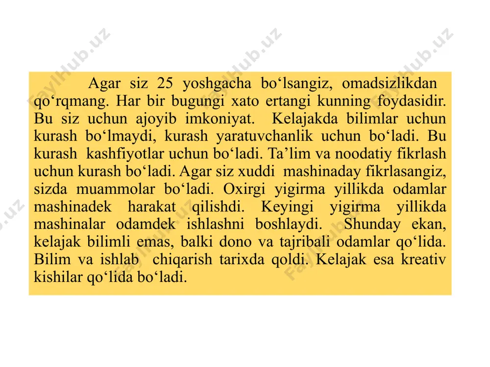 matnlar turlarida bu talablar bir-biridan farq qilishi mumkin. 42.4-mashq. “boy bo‘lsam!” matni uchun kirish qismini shakllantiring. arzimagan narsalarga jahl qilib, yaqinlaringni ranjitma, ko‘nglini qoldirma. zarar keltiruvchi kichik narsalarni yo‘q qilaman deb, katta, muhim narsalardan ajralib qolma. burgaga achchiq qilib, ko’rpaga o’t qo’yma e’tiboringiz uchun rahmat foydalanilgan adabiyot: ona tili 10 [matn]: 10-sinf uchun darslik / b. mengliyev va boshq.– toshkent: respublika ta’lim markazi, 2022. – 224 b. ushbu taqdimot slaydi mahsulotidir diqqat! ushbu mahsulotni tijoriy maqsadda ko‘paytirish javobgarlikka sabab bo‘ladi image3.jpeg image4.png image28.png image18.png image29.jpeg image30.png image27.png image31.png image32.png image33.png image34.png image35.png image36.png image37.png image38.jpg image13.png image14.png image20.png image21.png image25.png /docprops/thumbnail.jpeg