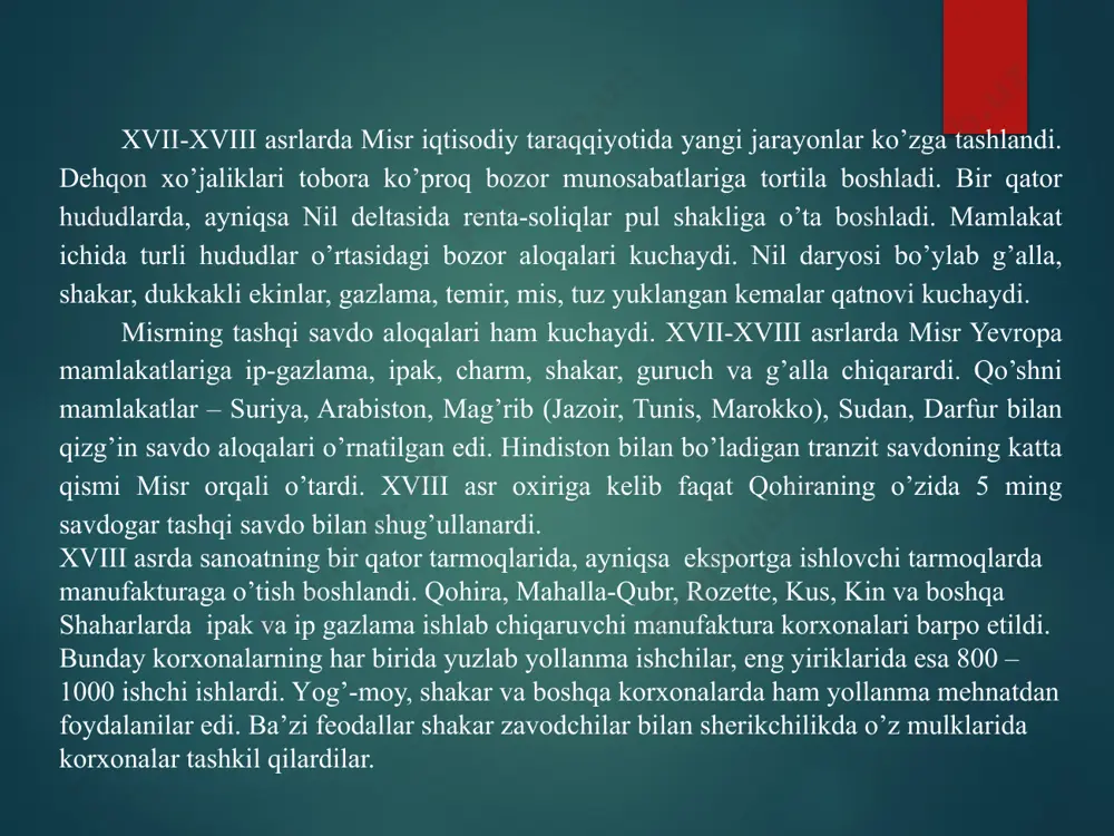 l misrda imtiyozli tabaqaga aylangan edilar. ular uzoq vaqtlargacha feodallar sinfining asosiy vakillari hisoblanganlar. sulton taxtiga mamluklar sulolasi o’tirgan. shunga qaramasdan mamluklar vorisiy zodagonlarga aylanmadilar. mamluklar saflari ilgarigidek asir olingan, sotib olingan yoki yollangan kavkaz aholisidan – cherkeslar, abxazlar, gruzinlar bilan to’ldirilib borardi. mamluklar orasida yevropadagi turli millatlarga mansub bo’lgan ko’ngillilar ham uchrardi. lekin misrlik arab hech vaqt mamluk bo’lolmas edi. yuqori mansabga ko’tarilgan mamluk drujinachisi beyga aylanardi. bu beyning barcha drujinachilari yagona guruhni tashkil etardi. bey o’lgach, uning unvoni va mulki ko’pincha oddiy drujinachilarga o’tardi. xviii-asrda 24 ta beylik mavjud bo’lib, ularning eng qudratlisi qohirada joylashgan edi. 1769-yilda rus-turk urushi boshlangach, mamluklar hukmdori alibey misrni usmoniylar imperiyasidan mustaqil deb e’lon qildi va tez orada “misr va ikki dengiz sultoni” unvonini oldi. dastlab alibeyning turklarga qarshi kurashi muvaffaqiyatli bordi, lekin tez orada mamluk beylari o’rtasida boshlangan qurolli kurash alibeyni mag’lubiyatga olib keldi. natijada turklarning hukmronligi qayta tiklandi. mamluk feodallarining o’zaro …
