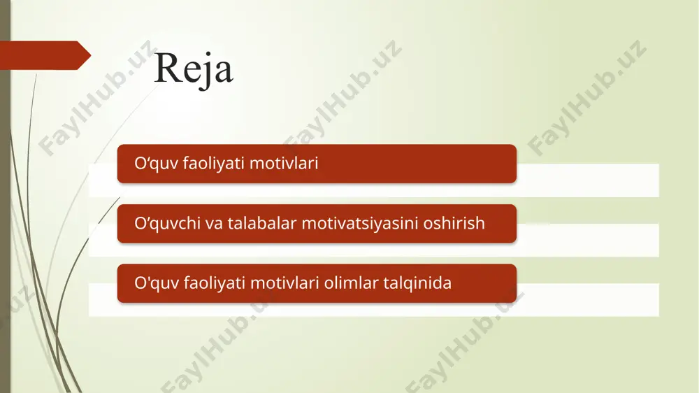 rtib olingan" shaxsning ijtimoiy umidlari, da'volari, his-tuyg'ulari, irodaviy fazilatlari va boshqa ijtimoiy-psixologik xususiyatlari."shaxsdagi motivatsiya tushunchasi ... barchasini o'z ichiga oladi. motivlarning turlari: motivlar, ehtiyojlar, qiziqishlar, intilishlar, maqsadlar, harakatlantiruvchilar, motivatsion munosabatlar yoki dispozitsiyalar, ideallar va boshqalar d. o’quvchi va talabalar motivatsiyasini oshirish o'quv jarayonidagi eng keng tarqalgan to'siqlardan biri o'quvchilarning o'qishni davom ettirishga bo'lgan motivatsiyasini yo'qotishdir. motivatsiyani yo'qotish jiddiy asorat bo'lishi mumkin, chunki talaba topshiriqlarni bajarishga diqqatini jamlash juda qiyin. amalga oshirishga tayyorgarlik ko'rish ancha qiyinlashadi test elementlari imtihonlarni topshirish va loyihalarni yakunlash. aynan motivatsiya insonni o'qish jarayonida turli qiyinchiliklarni, zerikish yoki charchoq tuyg'ularini engishga undaydi. motivatsiya bo'lmasa, o'rganish vazifasi o'z ma'nosini yo'qotadi. biroq, motivatsiyaning yo'qolishidan qo'rqqanlarni osongina ishontirish mumkin. o'rganish istagi va qobiliyatini sun'iy vositalar bilan rag'batlantirish mumkin. motivatsion rag'batlantirish usullari quyidagilarni o'z ichiga olishi mumkin: postav bu old aniq maqsadni o'rgatish ; talabalarni axborot harakatining boshqa joylarida faol bo'lishga undash ; talabalarga bir-biri bilan muloqot qilish imkoniyatini berish; o'quv …