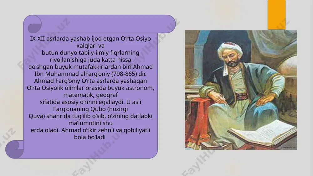 shug‘ullanadi; u hind, yunon, eron, suriya, kopt, markaziy osiyo xalqlari yaratgan barcha kalendlarni taqqoslab o‘rganib chiqadi. al-farg‘oniy yilning 4 fasldan iboratligi, ular orasidagi munosabatlar geografik kenglikka bog‘liqligini aytib, bu muammoni echishga ham o‘z ulushini qo‘shaydi. nilometr qohira nilomeri – ahmad al-farg'oniy boshchiligida abbosiy xalifa al-mutavakkilning amri bilan 861-yilda qohira shahri yaqinidagi ravza orolida nil daryosi suv sathini o'lchash maqsadida qurilgan inshoot. nilomer baʼzi sharq mualliflari asarlarida “miqyos an-nil”, deb ataladi. nilomer to‘rtburchak shakldagi quduq ko‘rinishida bo‘lib, nil daryosi bilan uchta yer osti suv yo‘llari orqali tutashgan. quduq o‘rtasida oq marmar bilan qoplangan (balandligi 10 m) sakkiz qirrali ustun o‘rnatilgan. ustunda suv sathini o‘lchashga imkon beradigan yirik darajot (ko‘rsatkich) bo‘lib, u mayda darajotga bo‘lingan. yirik darajot arab tirsak birligi (taxminan 54 sm)ga, maydalari esa uning 1/24 qismi (qirot)ga, yaʼni 2,25 sm ga teng. al-farg‘oniy birinchi bo‘lib, quyosh va oy tutilishlarini ham ilmiy tushuntirib bera olgan mutafakkirdir. shunday qilib, alfarg‘oniy o‘rta asrlarda …