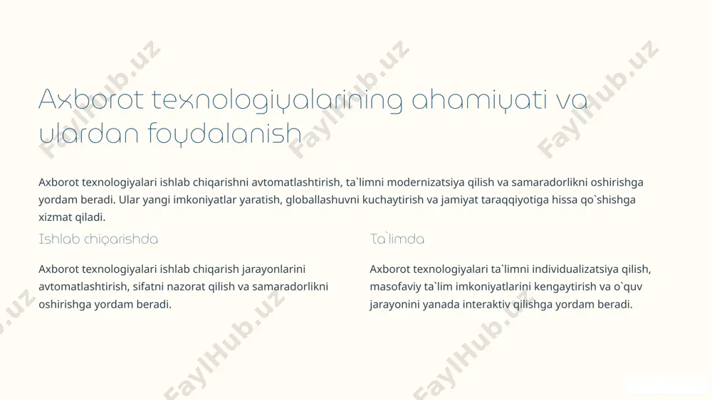elektron darsliklar elektron darsliklar o`quvchilarga interaktiv, multimedia tarkibiga ega bo`lgan o`quv materiallarini o`zlashtirishga yordam beradi. 3 simulyatorlar simulyatorlar o`quvchilarga amaliy ko`nikmalarni xavfsiz va samarali tarzda o`zlashtirishga imkon beradi. 4 axborot xavfsizligi: ma'lumotlarning himoyalanishi va yashirin qolish axborot texnologiyalari rivojlanishi bilan ma`lumotlarning xavfsizligi muhim ahamiyat kasb etadi. axborot xavfsizligi tizimlari ma`lumotlarni himoya qilish, yashirin qolishni ta`minlash va kiberhujumlarga qarshi kurashishga yordam beradi. ma`lumotlarni shifrlash ma`lumotlarni shifrlash uni faqat ruxsat etilgan shaxslar uchun o`qishga mumkin qiladi. xavfsizlik devori xavfsizlik devori ruxsatsiz kirishni to`sib, tizimni kiberhujumlardan himoya qiladi. antivirus antivirus dasturlari zararli dasturlardan himoya qiladi va tizimning ishlashini ta`minlaydi. 5 ma'lumotlarni qayta ishlash va saqlab qolish texnologiyalari ma`lumotlarni qayta ishlash va saqlab qolish texnologiyalari ishlab chiqarish va ta`lim sohalarida keng qo`llaniladi. bu texnologiyalar ma`lumotlarni samarali tahlil qilish, ma`lumot bazalarini yaratish va boshqarish imkonini beradi. 1 ma`lumotlarni tahlil qilish ma`lumotlarni tahlil qilish texnologiyalari ishlab chiqarish jarayonlarini optimallashtirish va ta`limni individualizatsiya qilishga yordam beradi. 2 …