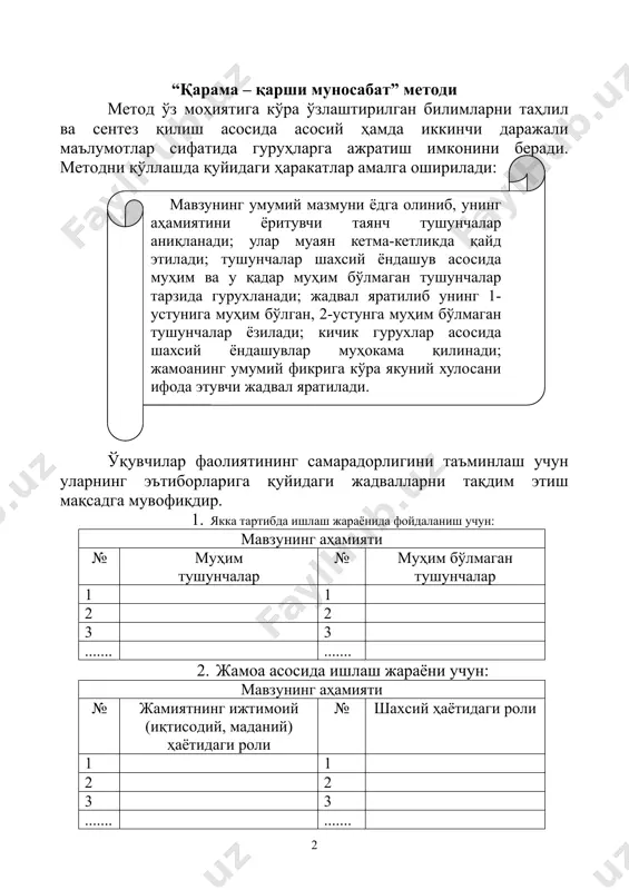 аш учун шароит ярат (абстракт) хулосалаш (концептуаллаш); 4) ўқувчиларга мукаммал шаклланган, айни вақтда яна бир бор текшириб чиқилиши лозим бўлган машқ (топшириқ)ларни ишлаб чиқиш имконини бер (фаол тажриба олиб боришга тайёрланиш); 5) якуний хулосани якуний тажрибадан ўтказ ва фаолиятда ундан фойдалан (аниқ тажриба ўтказиш). “видеотопишмоқ” методи сўнги йилларда педагогик фаолиятда турли ахоброт воситалар (компютер, теливидения, радио, нусха кўчирувчи қурилма, слайд, видео ва аудио магнитафонлар) ёрдамида таълим жараёни ташкил этилишига алоҳида эътибор қаратилмоқда. ўқитувчилар олдида таълим жараёнида турли ахборот воситаларидан ўринли ва мақсадга мувофиқ фойдаланиш вазифаси турибди. ведиотопишмоқ методидан фойдаланишда қуйидаги ҳаракатлар амалга оширилади: “заковатли зукко” методи мавжуд билимларни пухта ўзлаштиришда ўқувчиларнинг фикрлаш, тафаккур юритиш лаёқатларига эгаликлари муҳим аҳамиятга эга. “заковатли зукко” методи ўқувчиларда тезкор фикрлаш кўнизкмаларини шакллантириш, шунингдек, уларнинг тафаккур тезликларини аниқлашга ёрдам беради. метод ўз ҳоҳишларига кўра шахсий имкониятларни яратади. улар ўқувчи томонидан берилган саволларга қисқа муддатларда тўғри ва аниқ жавоб қайтара олишлари зарур. саволларни муракаблик даражасига кўра ҳар …