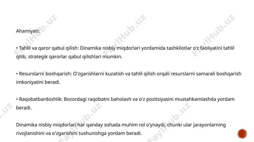 yning er yuzidagi aniq joylashuvini ko'rsatadi. • statistik diagrammalar: x o'qida vaqt, y o'qida daromad ko'rsatilgan diagramma orqali vaqt o'tishi bilan daromadning qanday o'zgarayotganini kuzatish mumkin. ▎xulosa koordinatsiya nisbiy miqdorlari turli sohalarda ob'ektlar va hodisalar o'rtasidagi joylashuv va nisbati haqida muhim ma'lumotlar beradi. ular yordamida murakkab tizimlarni tahlil qilish va tushunish osonlashadi. intensiv nisbiy miqdorlar va koordinatsiya nisbiy miqdorlari — bu ikki tushuncha, ularning har biri turli sohalarda muhim ahamiyatga ega intensiv nisbiy miqdorlar intensiv nisbiy miqdorlar — bu o'zgaruvchanlik ko'rsatkichlari bo'lib, ular muayyan tizim yoki jarayonning sifatini, kuchini yoki intensivligini ifodalaydi. ular ko'pincha bir birlikka nisbatan o'lchanadi va shuning uchun o'zgaruvchanlik darajasini ko'rsatadi. intensiv nisbiy miqdorlarga quyidagilar kiradi: 1. temperatura: biror ob'ektning haroratini o'lchaydi. misol uchun, suvning 100°c da qaynashi intensiv nisbiy miqdordir. 2. bosim: biror maydonga tushadigan kuchni ifodalaydi. masalan, atmosfer bosimi (pa) intensiv nisbiy miqdordir. 3. konsentratsiya: kimyoviy eritmalardagi moddalar miqdorini ifodalaydi. masalan, eritmadagi tuzning konsentratsiyasi (mol/l) …