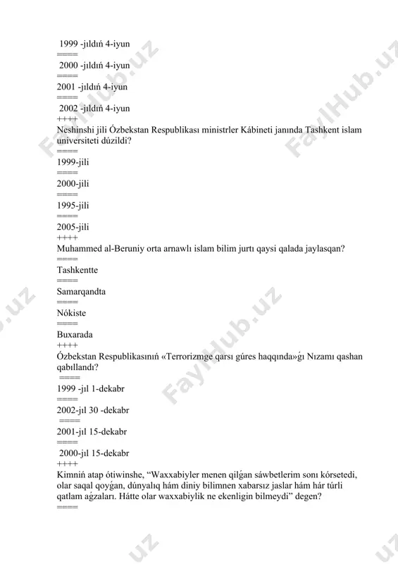 iseniwshiler 7,2 % kiredi ==== shialıqqa iseniwshiler 10,8 % kiredi ==== shialıqqa iseniwshiler 7,5 % kiredi ++++ "al-kofiy" shıǵarması avtorı kim? ==== abul fodi al-marvazi ==== muhammad bin al-xasan ash-shayboniy ==== malik ibn anas ==== abdussalom saxnum ++++ islam táliymatında musulmanlar ushın ibrat esaplanǵan muhammed payǵambardıń sózleri, islegen jumısları hám háreketleri ne dep ataladı? ==== tariqat ==== hadis ==== sunna ==== ibadat ++++ ápsanalar boyınsha budda jámi neshe márte túrli adam hám haywan keypinde tuwılǵan? ==== 550 ==== 84 ==== 58 ==== 80 ++++ xabar urisi termini qashan isletilgen ? ==== 1976 j ==== 1977-jil ==== 1978-jil ==== 1998-jil ++++ buddizm táliymatı tıykarınan neshe bólimnen ibarat? ==== 2 ==== 3 ==== 4 ==== 5 ++++ muqaddes kitaplardı óz dini boyınsha durıs jaylastırıń. a.islam b.budda c.evrey d.xristian e.zaroastrizm 1.tavrot 2.quran 3.tripitaka 4.avesto 5.bibliya ==== a-2, b-1, c-3, d-5, e-4 ==== a-2, b-1, c-5, d-3, e-4 ==== a-2, b-3, c-1, d-5, e-4 …