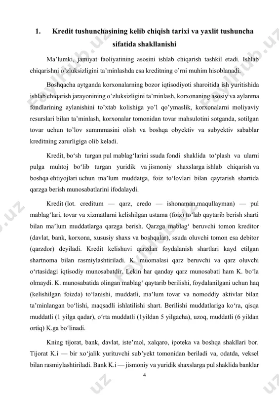 toring, haridorga qarz berish kabi koʻrinishlari bor. davlat k.i — davlatning qarz beruvchi va qarz oluvchi sifatida ishtirokini nazarda tutadi. davlat qarz beruvchi sifatida bank tizimi orqali byudjetdan tarmoq, hudud, korxonalarni k. ajratib moliyalashtiradi. qarz oluvchi sifatida aholiga davlat zayomlari, obligatsiyalarini sotish bilan jismoniy yoki yuridik shaxslardan qarz oladi, natijada ichki davlat qarzi, chet davlatlardan olingan k.lar hisobidan tashqi davlat qarzi paydo boʻladi. isteʼmol k.i — aholiga isteʼmol tovarlari, xizmatlarni nasiyaga sotish, uy-joy qurilishi harajatlari uchun, lombardlardagi mulk garovi hisobiga, oʻzaro yordam kassasi qarzlari va boshqa koʻrinishlarda beriladi. xalqaro k. — muddatli, qaytimli va foiz toʻlash shartlari bilan bir mamlakatdagi kreditor tomonidan ikkinchi mamlakatdagi qarz oluvchiga pul yoki tovar shaklida beriladigan qarz, shuningdek, chet el obligatsiyalari, chet el korxonalari aksiyalari va b, qimmatli qogʻozlariga fonda olish maqsadlarida kapital qoʻyish. “k. iqtisodiyotda muhim vazifalarni bajaradi, ularning orasida moliya resurslarini qayta taqsimlash asosiy oʻrinda turadi. k. yordamida kapitalni bir tarmoqdan ikkinchisiga, bir …