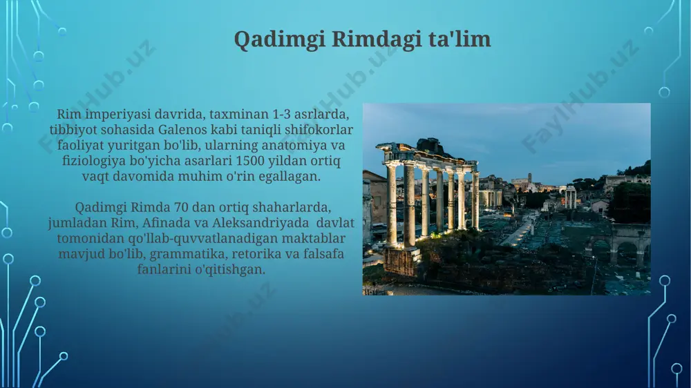 keldi, bu esa harbiy qudratini oshirdi va kundalik hayotni osonlashtirdi. yo'llar va ko'priklar qurilishi pons fabricius kabi rim ko'priklari, tiber daryosi ustida joylashgan va 2000 yildan ortiq davom etgan, arqalar va betonning ajoyib birlashuvini namoyish etgan. римдаги appian way kabi yo'llar 400 km dan ortiq masofani bosib o'tgan va murakkab muhandislik texnologiyalari, shu jumladan, drenaj tizimlari va mustahkam poydevorlarni o'z ichiga olgan. suv ta'minoti va kanalizatsiya tizimlari qadimgi rimda 110 kilometrdan ortiq suv quvurlari (akveduklar) shaharning turli qismlariga, jumladan, jamoat hammomlari va fontanlariga suv yetkazib bergan. rimlik muhandislar suv ta'minoti va kanalizatsiya tizimlarini loyihalashda, gradyent va gidravlika qonunlarini hisobga olgan holda, taxminan 300 dan ortiq shaharlarda samarali suv ta'minotini ta'minlashgan. matematika va geometriya рим архитектурасидаги кўплаб тузилмалар, масалан, пантеон ва акведуклар, мураккаб математик ва геометрик ҳисоб-китоблар асосида қурилган бўлиб, бу уларнинг геометрияга чуқур эга эканлигидан далолат беради. римлик муҳандислар ва архитектураларининг мураккаб йўлларни, кўприкларни ва каналларни лойиҳалашдаги муваффақиятлари геометрия ва …