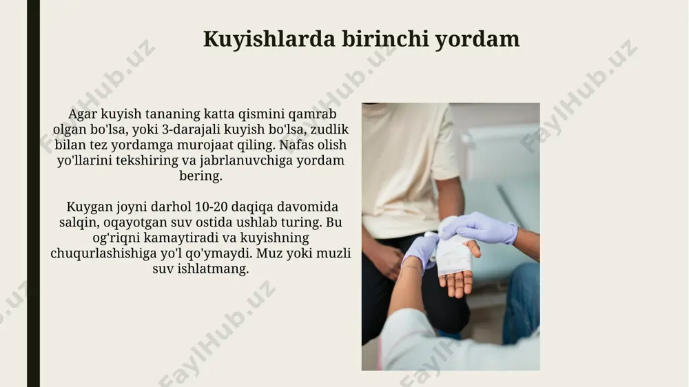 tezligi 60 dan past bo'lsa, tibbiy yordam chaqiring, chunki bu gipoterimiyaning belgisi bo'lishi mumkin. quruq va issiq kiyim bilan o'rang. isitilgan suv solingan shisha yoki issiq kompresslarni qo'ltiq ostiga, bo'yinga va chov sohasiga qo'ying. 37 daraja tana haroratini saqlashga harakat qiling. ishqalanish (chafing)da birinchi yordam ishqalanish joyini muloyimlik bilan iliq suv va yumshoq sovun bilan yuvib tashlang. qattiq ishqalashdan saqlaning. kuniga kamida ikki marta takrorlang, infektsiya xavfini kamaytirish uchun. ishqalanish (chafing)da birinchi yordam kuyish turlari va darajalari kuyishning uchinchi darajasi epidermis, dermis va terining ostki qismlariga chuqur ta'sir qiladi. teri oq yoki qora rangda bo'lishi mumkin, sezuvchanlik yo'qoladi va shifokor nazorati talab etiladi. ikkinchi darajali kuyishlar epidermis va dermisning bir qismini zararlaydi. pufaklar hosil bo'ladi, og'riq kuchliroq bo'ladi. tuzalish davri 2-3 haftagacha davom etishi mumkin. cho'zilishlarda birinchi yordam kuyishlarda: kuygan joyni darhol 10-20 daqiqa davomida sovuq suv ostida ushlab turing. faqatgina 1-darajali kuyishlarda o'zingiz davolashingiz mumkin, qolgan hollarda tibbiy yordam …