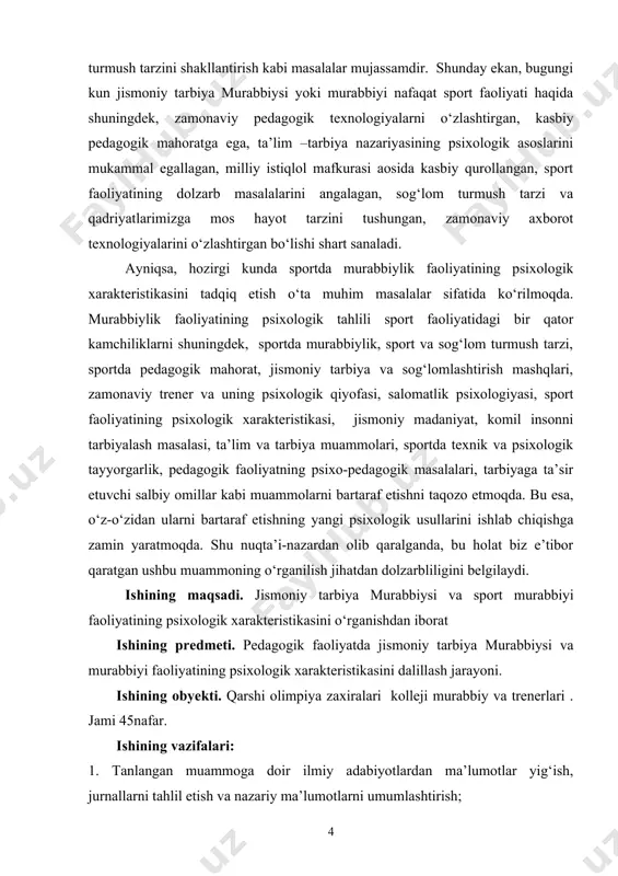 ishlab chiqish; 4. jismoniy tarbiya murabbiysi va sport murabbiyi faoliyatini psixologik xarakteristikasi bо‘yicha bо‘yicha empirik tadqiqot olib borish; 5. olingan test natijalari bо‘yicha miqdor va sifat tahlilini amalga oshirish; 6. ilmiy ish xulosasiga kо‘ra tavsiyalar ishlab chiqish; 7. sport murabbiyi va jismoniy tarbiya murabbiysi faoliyatini tadqiq etish testlari tizimini ishlab chiqish. ishining ilmiy farazi: 1.sport faoliyati sharoitida murabbiy va murabbiyning psixologik profili mashg‘ulotlar samaradorligini oshirish omili ekanligi ilgari surildi; 2.trener va sportchi munosabatlari hamkorlikdagi faoliyat shuningdek, sportda shaxslararo identifikatsiya mexanizmi ekanligi faraz etildi; 3. trener va murabbiy faoliyatini psixologik xarakteristikasi sifatida ularning psixologik qiyofasi komponentlari mazmuni tashkil etishi ehtimol qilindi. 4.murabbiy va murabbiy faoliyatining tashkil etilishi ularning individual –psixologik xususiyatlari bilan bog‘liqligi faraz etildi. ishining metodlari: biz ilmiy tadqiqot ishimizni empirik jihatdan о‘rganish uchun ayrim psixologik testlarga murojaat etdik va amaliy tadqiqot uchun jismoniy tarbiya murabbiysi va sport murabbiyi shaxsini tadqiq etuvchi test va shaxs sо‘rovnomasini tanlab oldik.ular qо‘yidagilar: 1.g.ayzenkning …