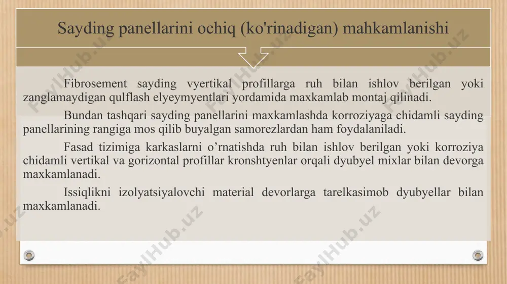 ali fibrosement sayding panellari silliq bo’yalgan asbestsement sayding panellari fakturali xrizotilsement sayding panellari tabiy tosh nushasi tushurilgan sayding panellari qo’llanish sohasi ushbu fasad tizimi yangi qurilish, rekonstruktsiya va kapital ta'mirlash jarayonida beton, g'isht, tosh va yog'ochdan qurilgan turar-joy va jamoat binolarining tashqi devorlarini pardozlash va izolyatsiyalash uchun ishlatiladi, binolar va inshootlarni « binolarning issiqlik bilan himoyasi » talablariga muvofiqlashtirish uchun, tabiiy va iqlim sharoitlaridan foydalanish cheklovlari mavjud, ular quyidagicha: - material ishlash uchun tavsiya etilgan harorat+ 60 ° c dan — 80 ° c gacha ( sayding yuzasida ) - ro’xsat etilgan namlik – quruq, normal, ho’l. image4.png image5.png image6.png image7.png image8.png image9.png image10.png image11.png image12.png image13.png image14.png image15.png image16.png image17.png image18.png image19.png image20.png image21.png image3.png /docprops/thumbnail.jpeg